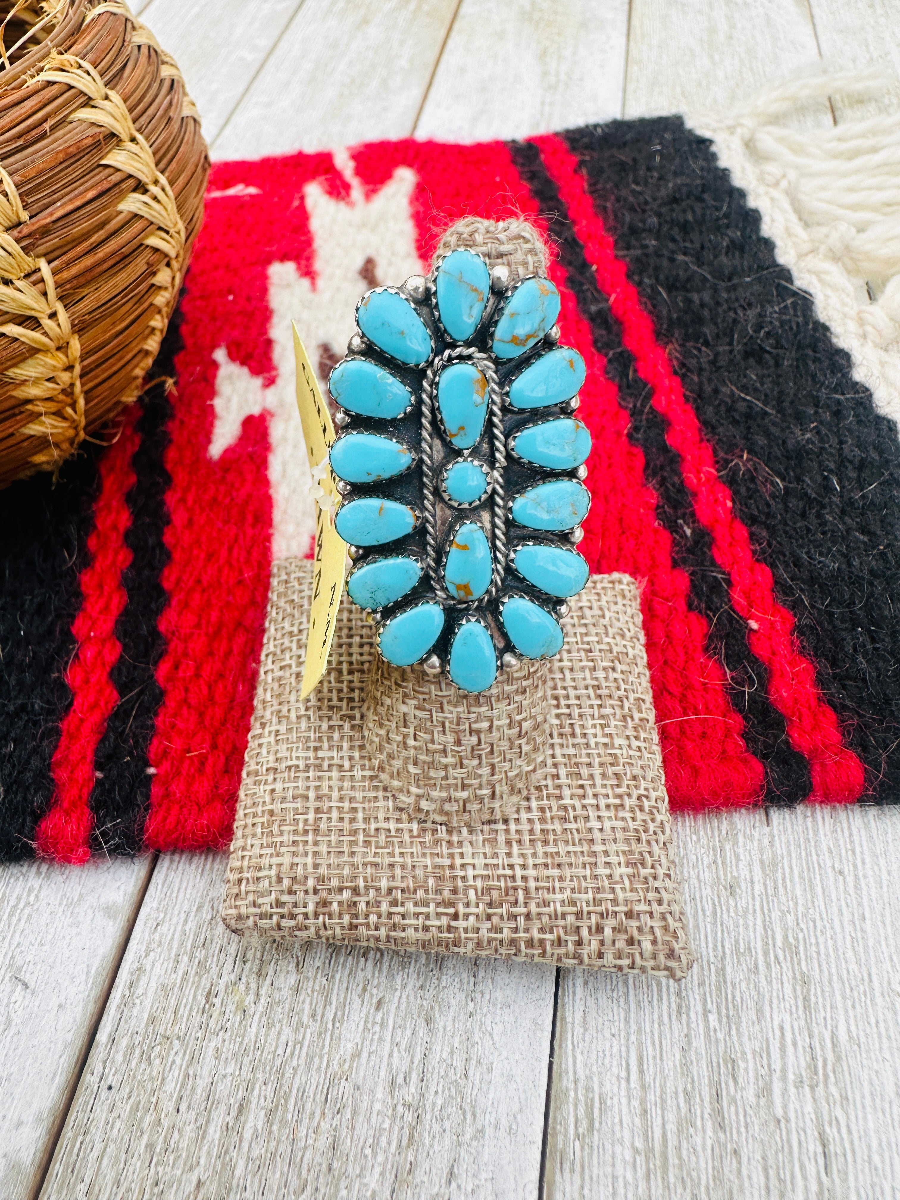 Old Pawn Handcrafted Turquoise & Sterling Silver Cluster Ring Size 9.5