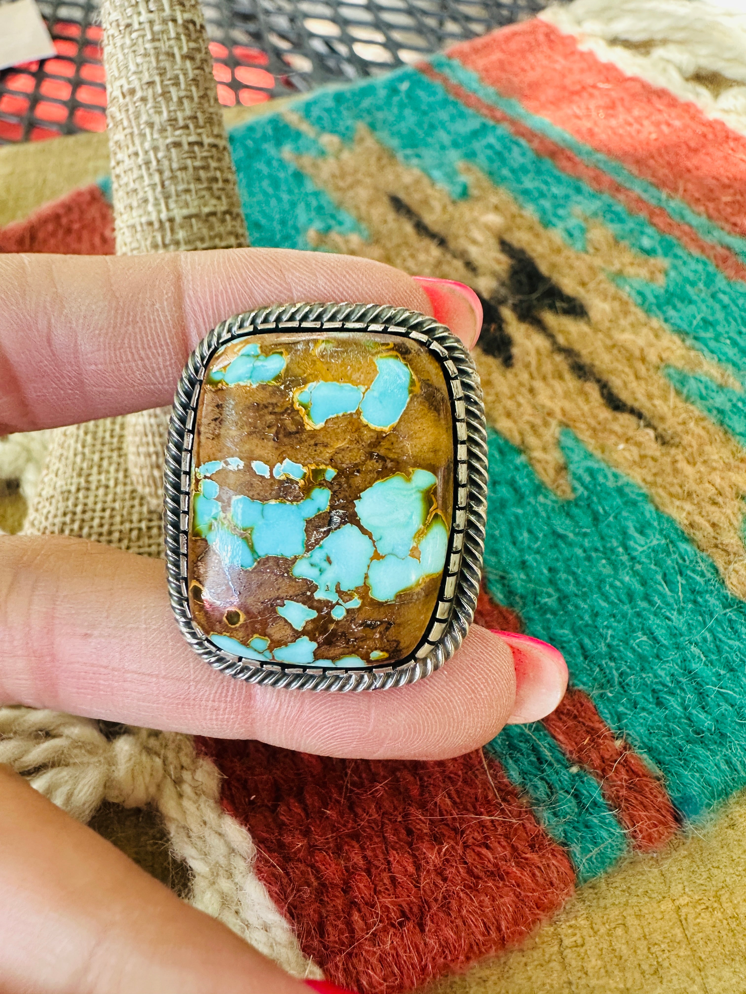 Handcrafted Sterling Silver & Number 8 Turquoise Ring Size 12.5