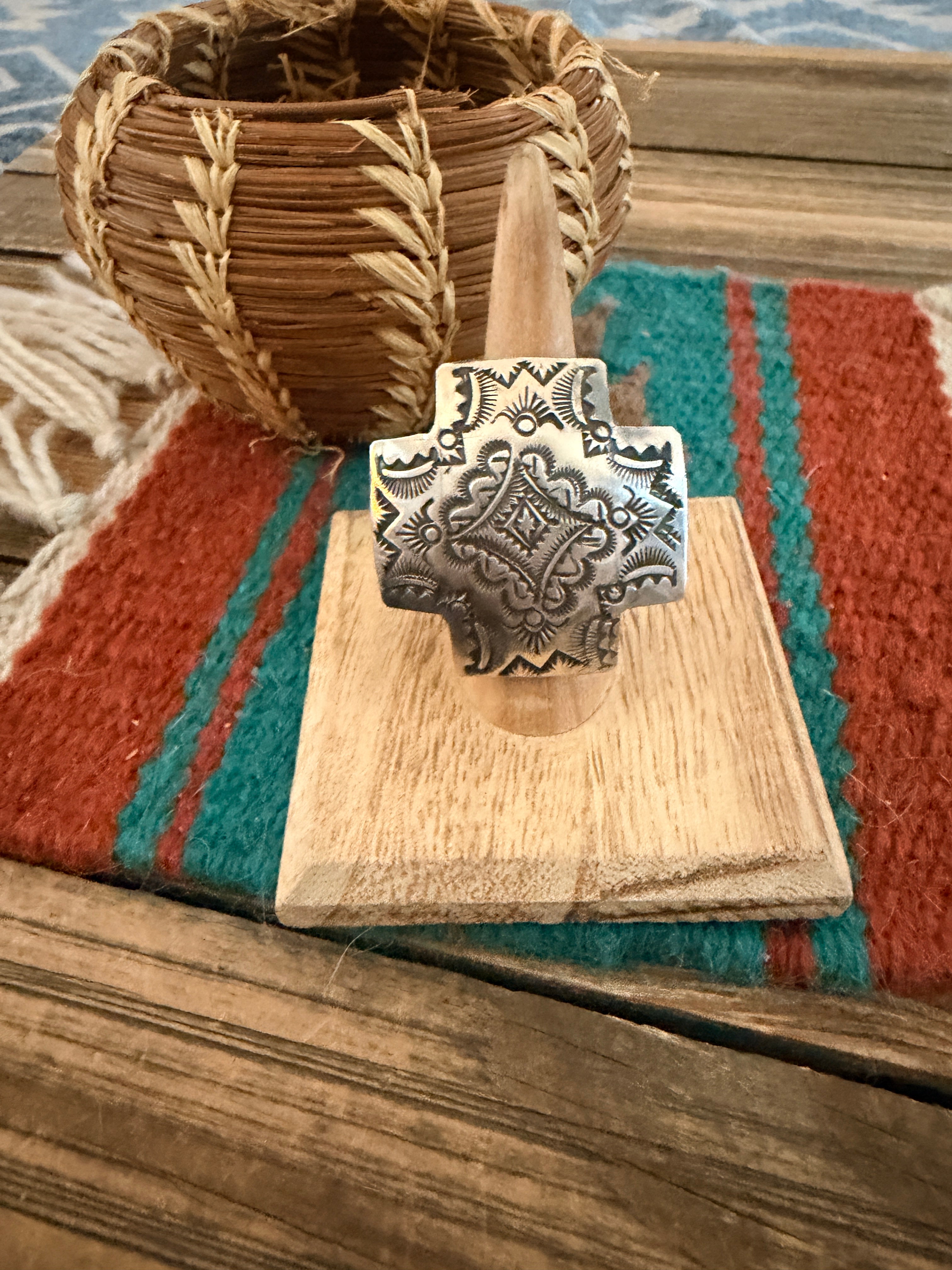 Handcrafted Sterling Silver Adjustable Cross Concho Ring by Vincent Platero