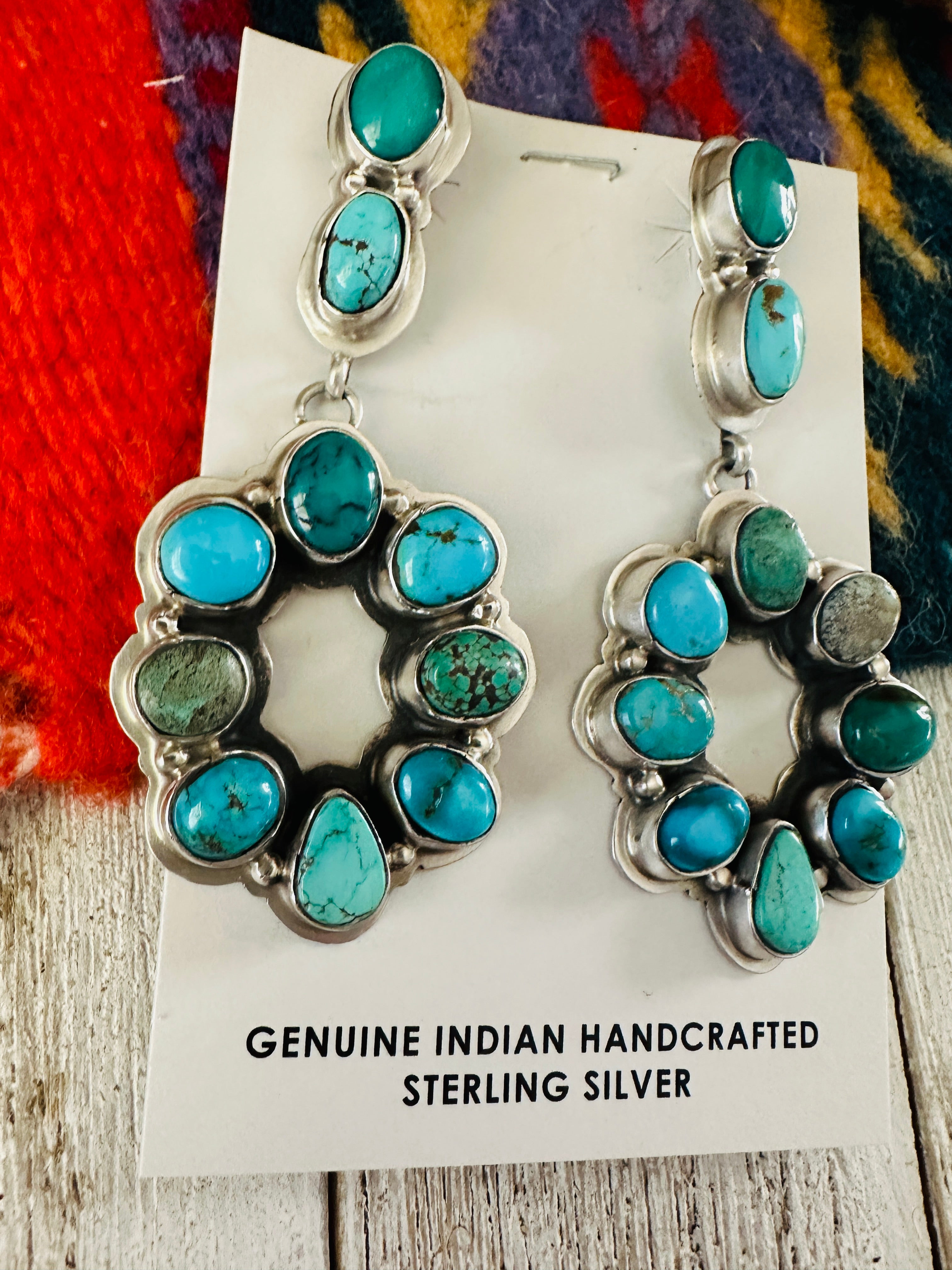 Navajo Multi Turquoise & Sterling Silver Cluster Dangle Earrings