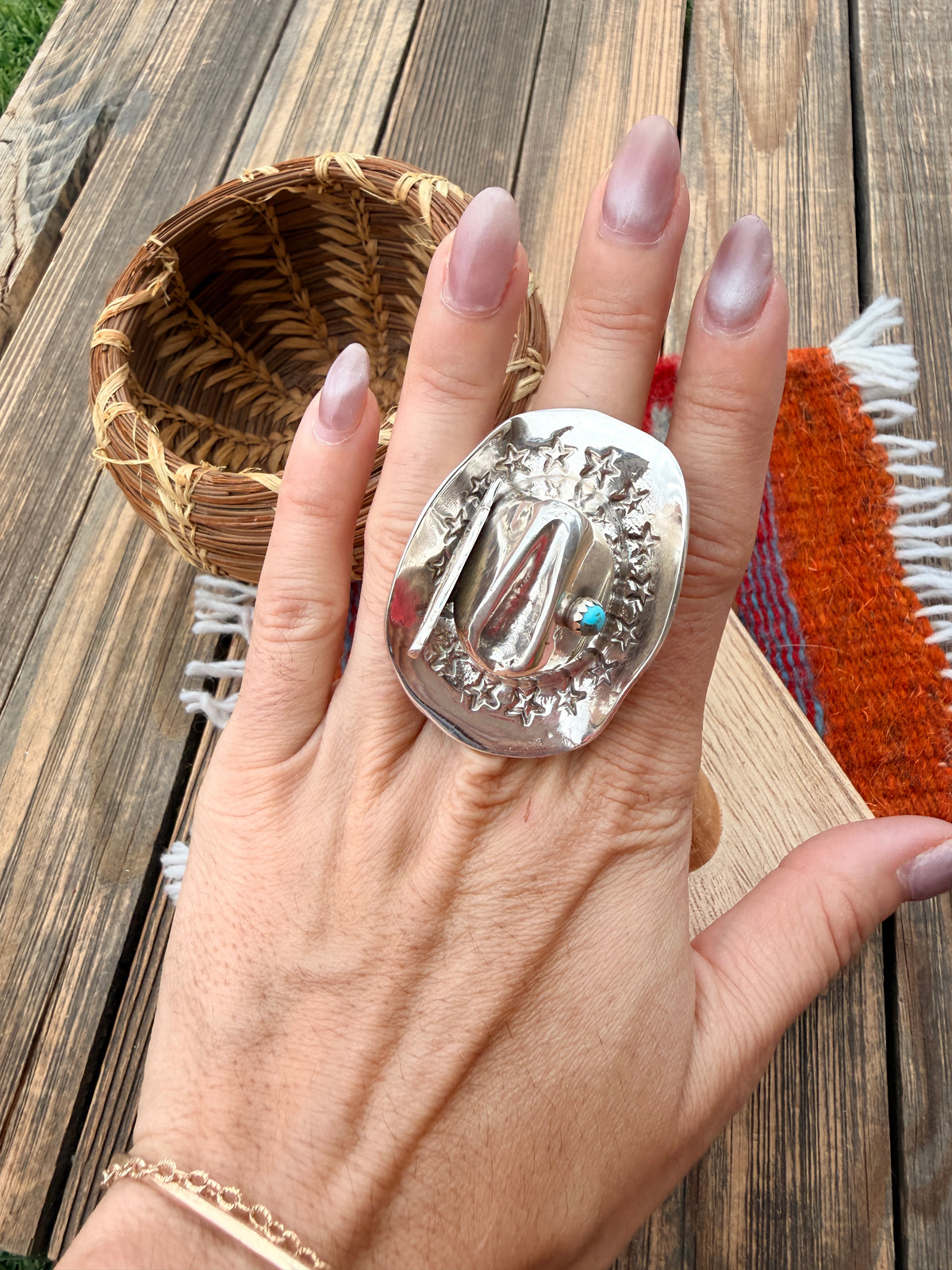 Handcrafted Turquoise and Sterling Silver Cowboy Hat Adjustable Ring
