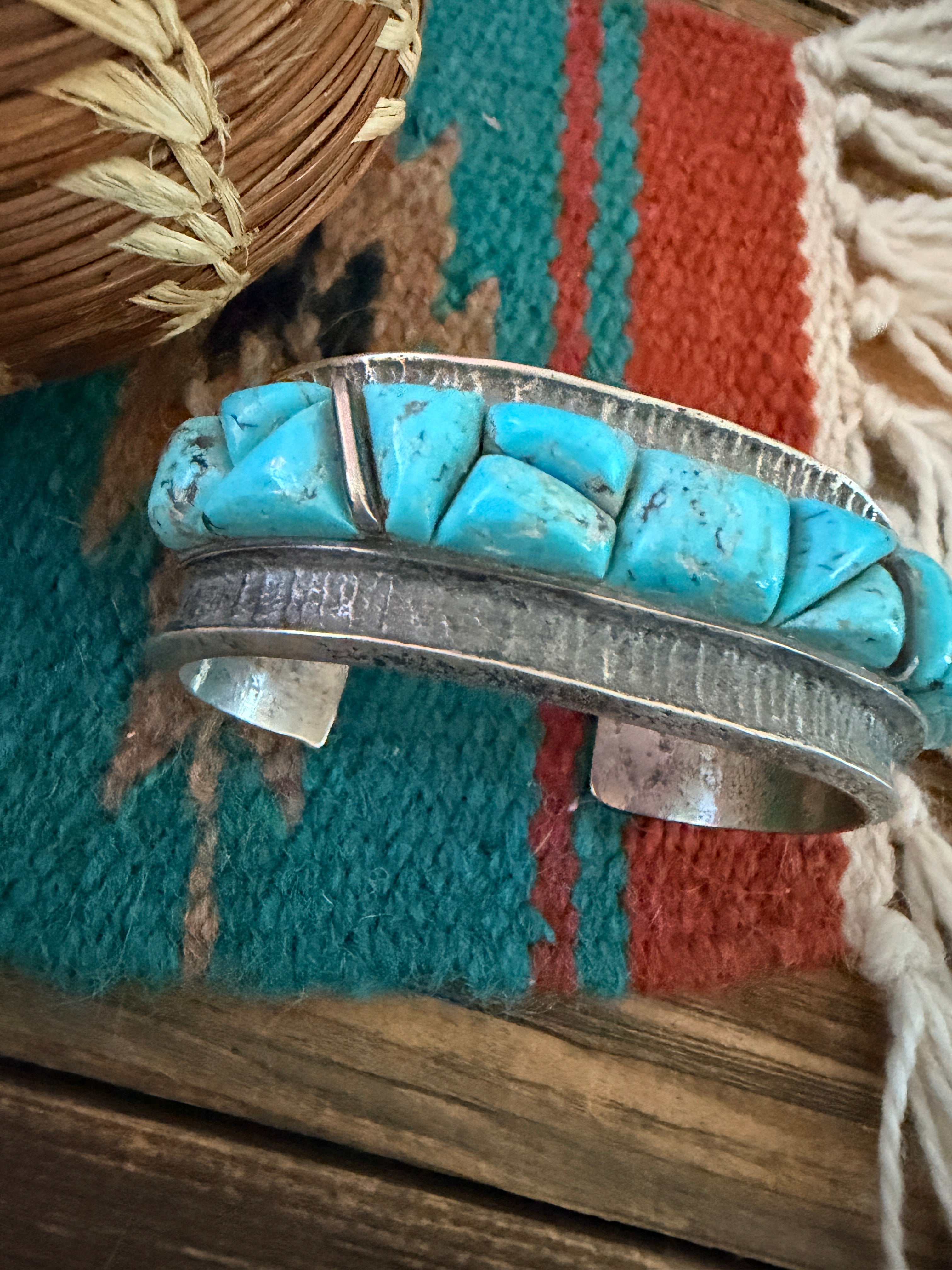 Handcrafted Old Pawn Sterling Silver & Turquoise Cobble Stone Inlay Cuff Bracelet