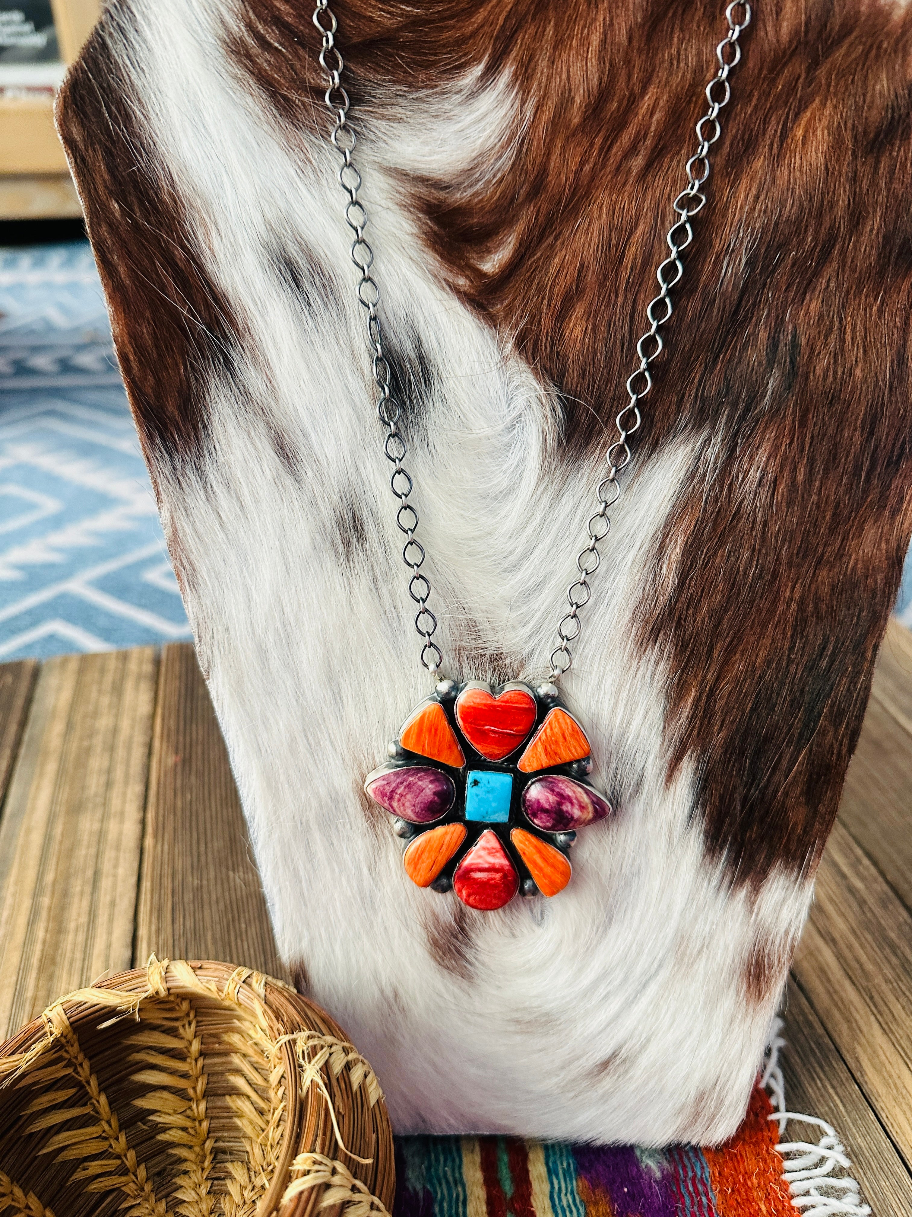 Handcrafted Spiny Oyster, Turquoise & Sterling Silver Necklace by Vick