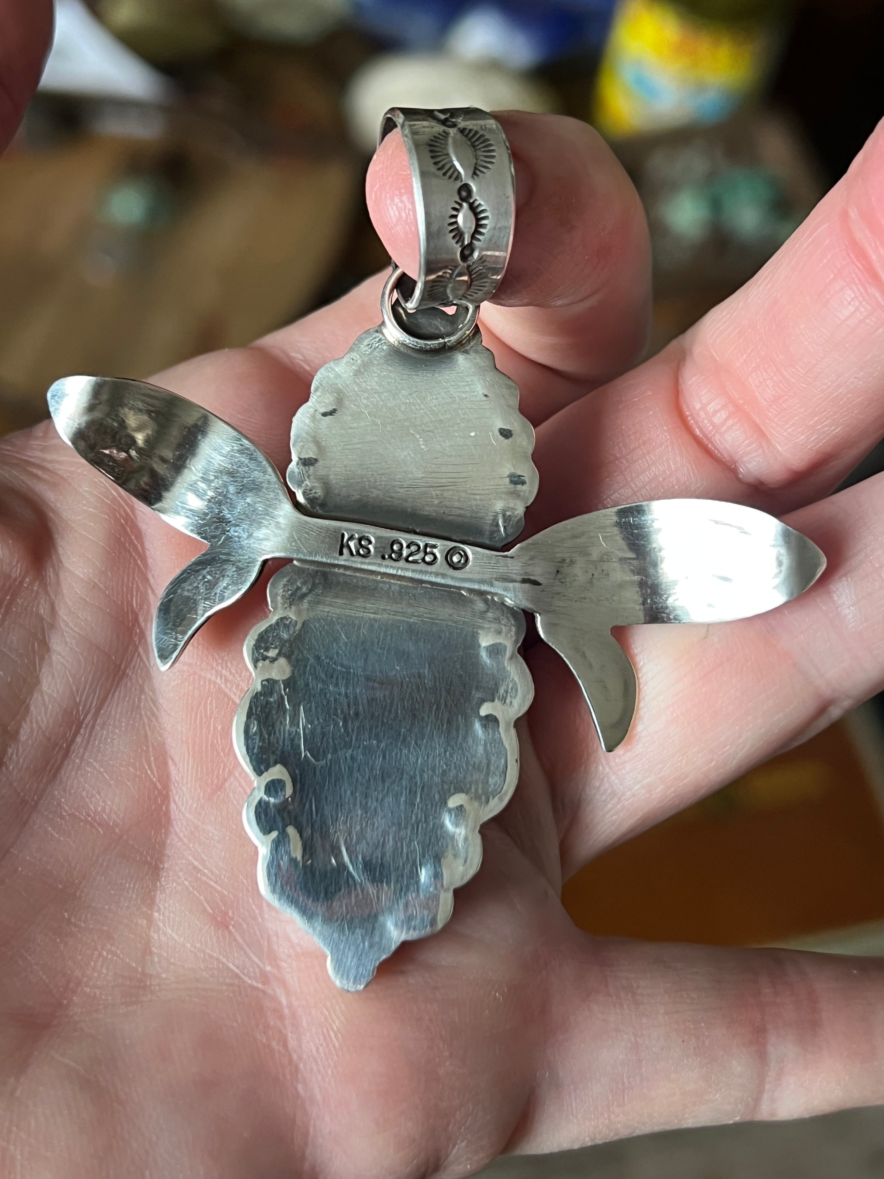 Kimari Somers Hand Stamped Sterling Silver and Turquoise Winged Bug Pendant