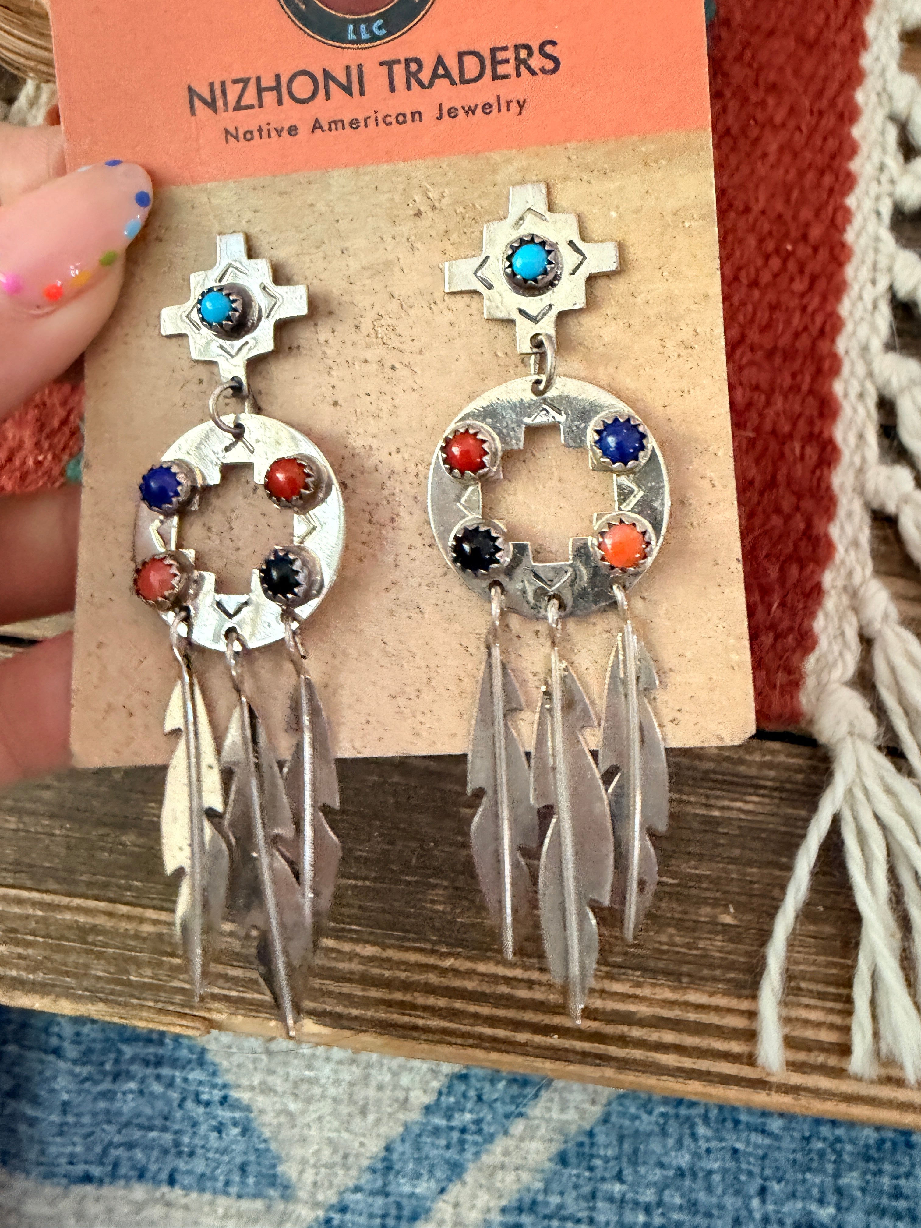 Old Pawn Handcrafted Sterling Silver & Multi Stone Feather Dangle Earrings