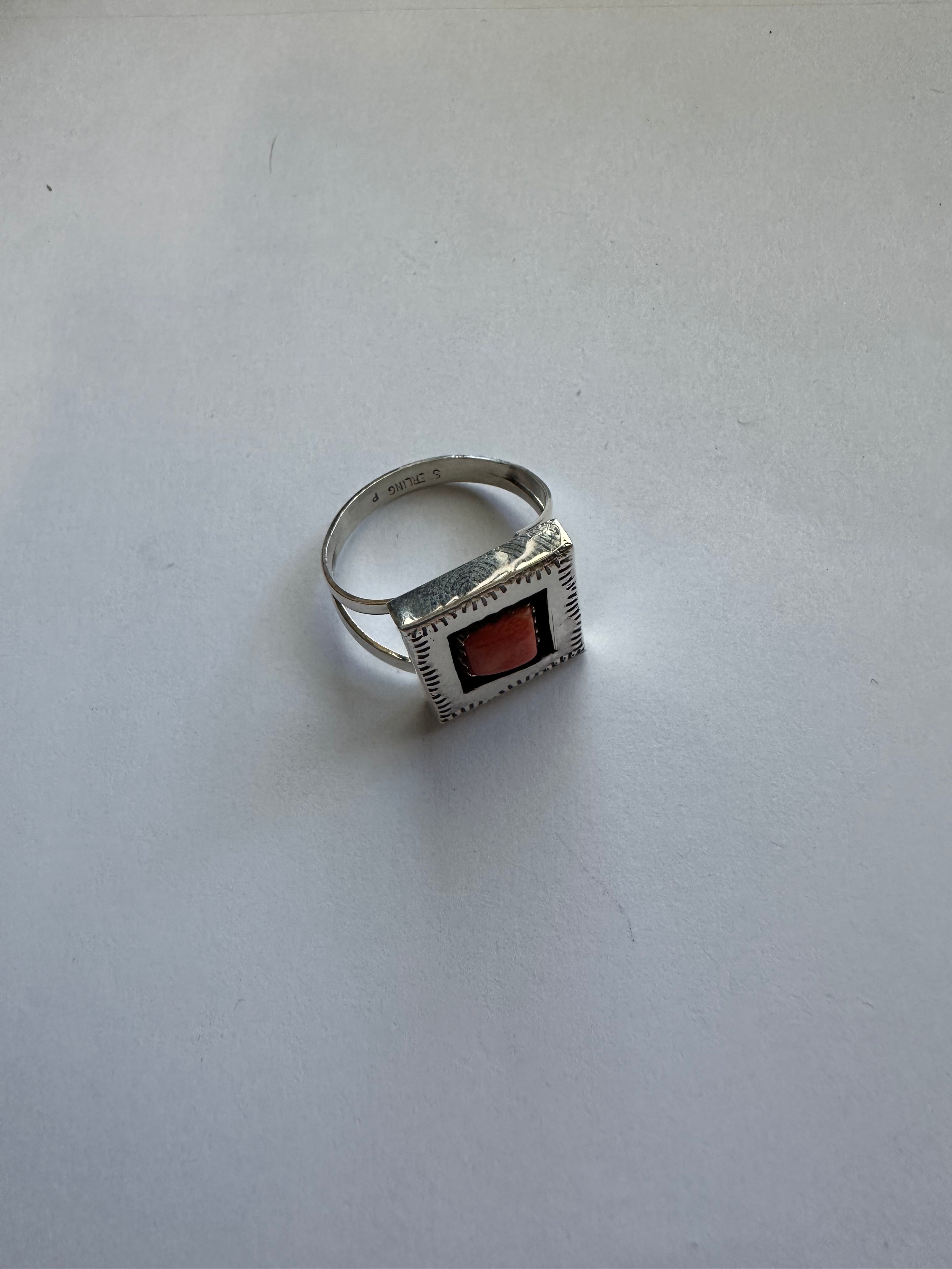 Navajo Orange Spiny & Sterling Silver Square Ring