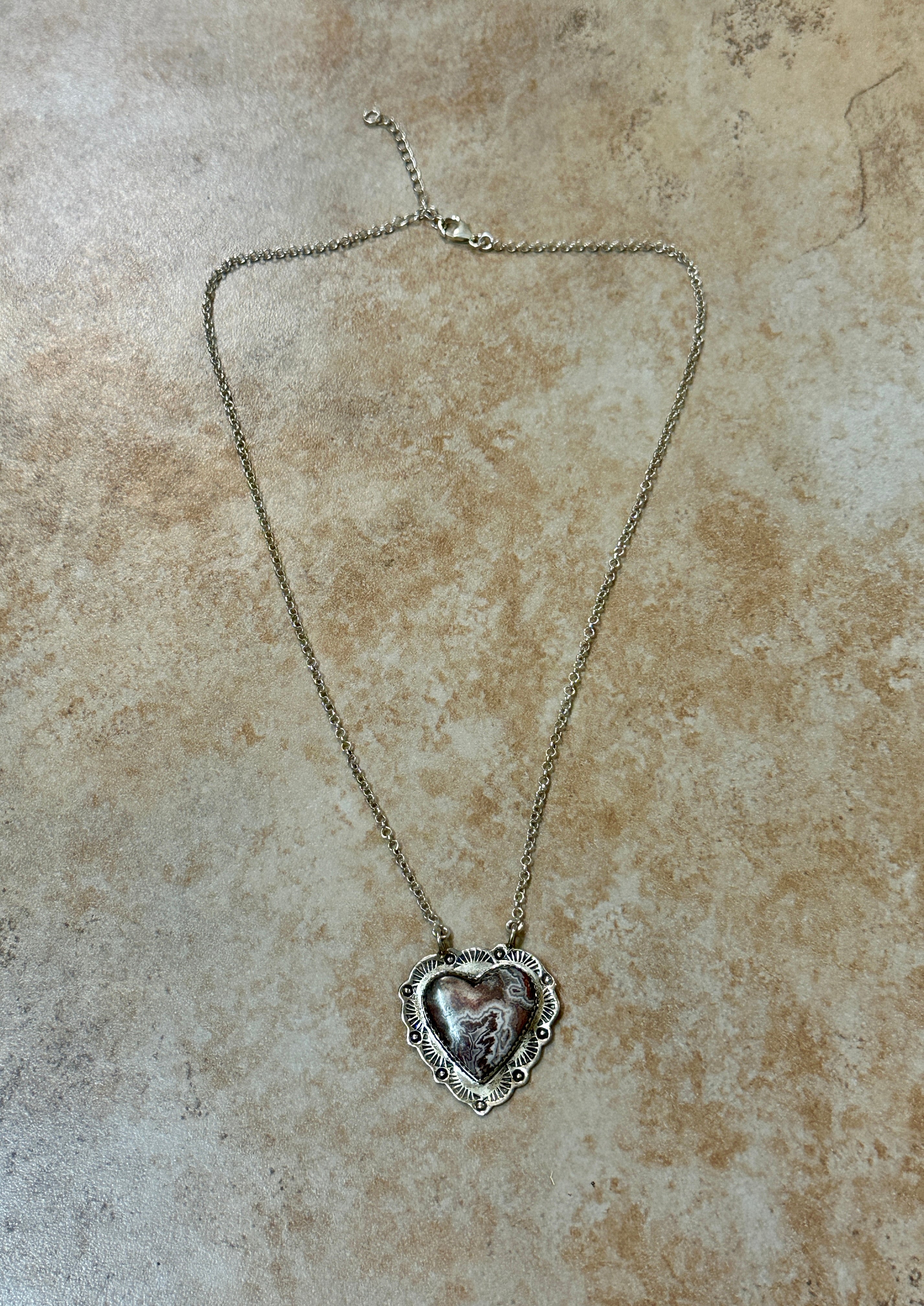 Ocean Jasper Heart Pendant w/ Sterling Silver Necklace