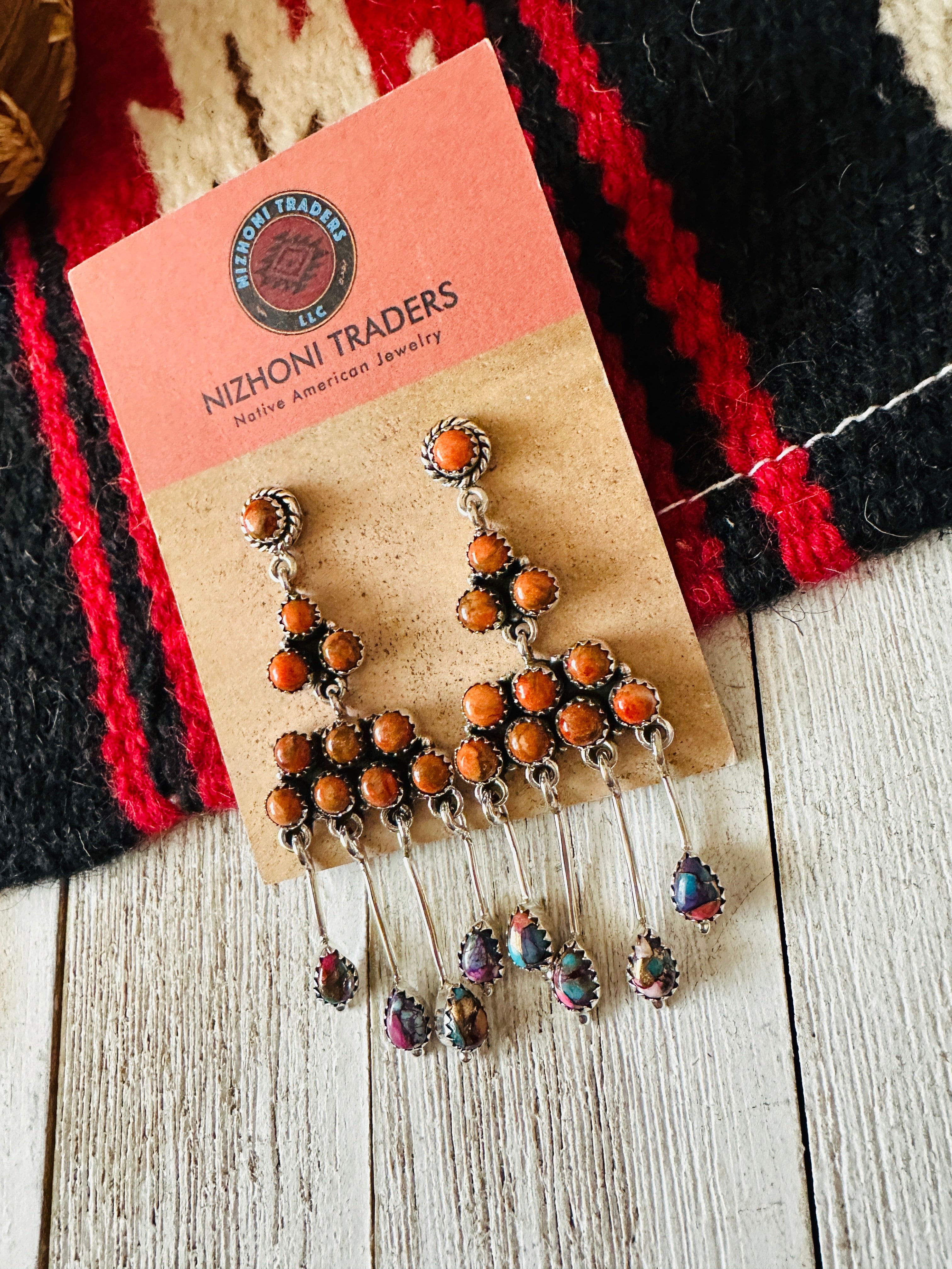 Handmade Orange Spiny, Pink Dream & Sterling Silver Chandelier Dangle Earrings by Nizhoni