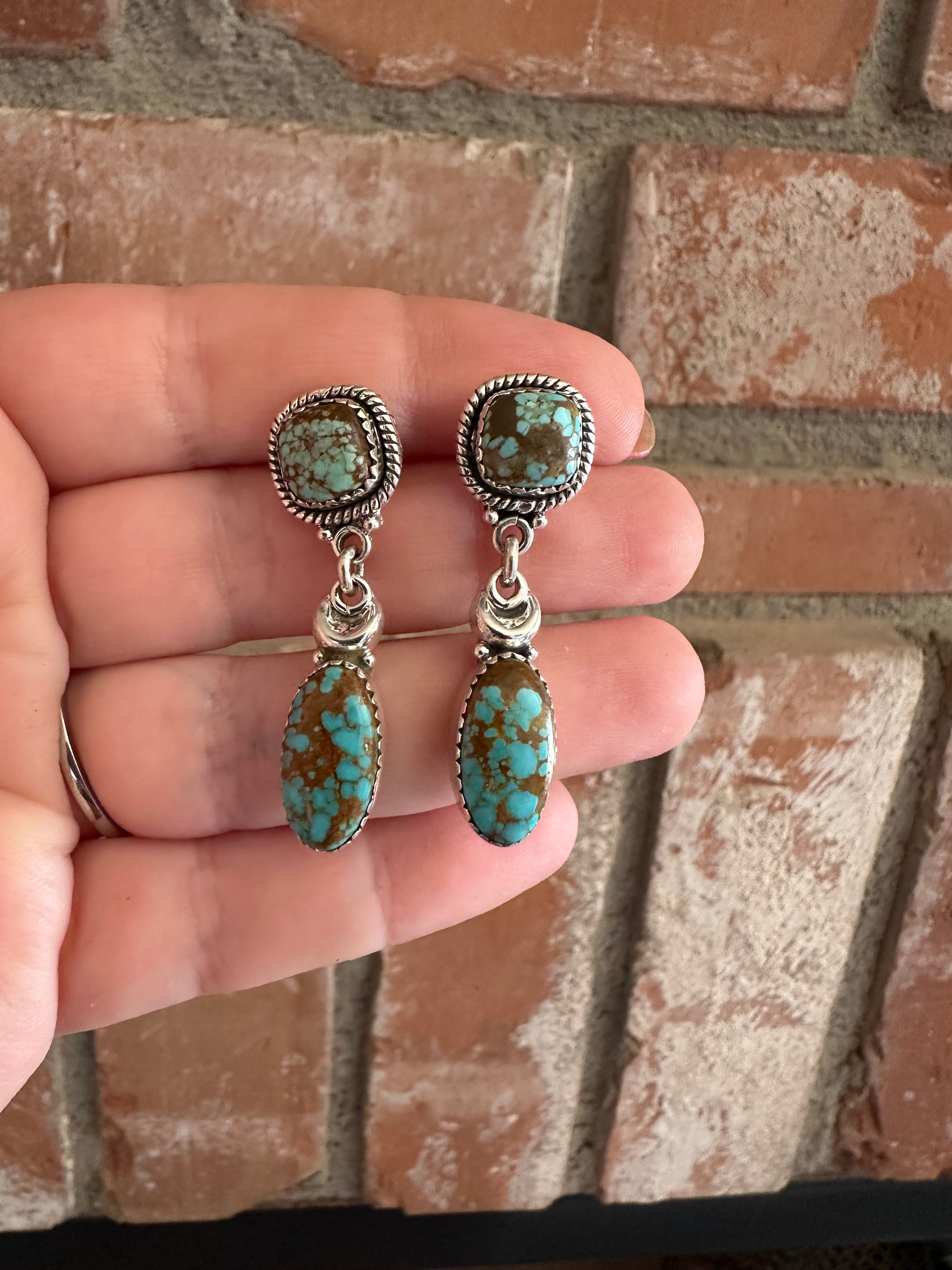 Handmade Number 8 Turquoise and Sterling Silver 2 Stone Dangles