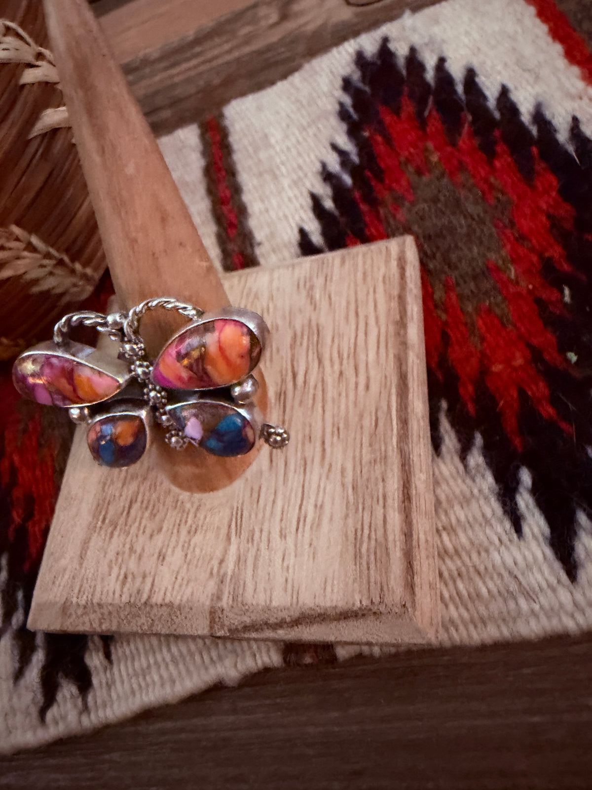 Handcrafted Pink Dream Mojave & Sterling Silver Adjustable Butterfly Ring