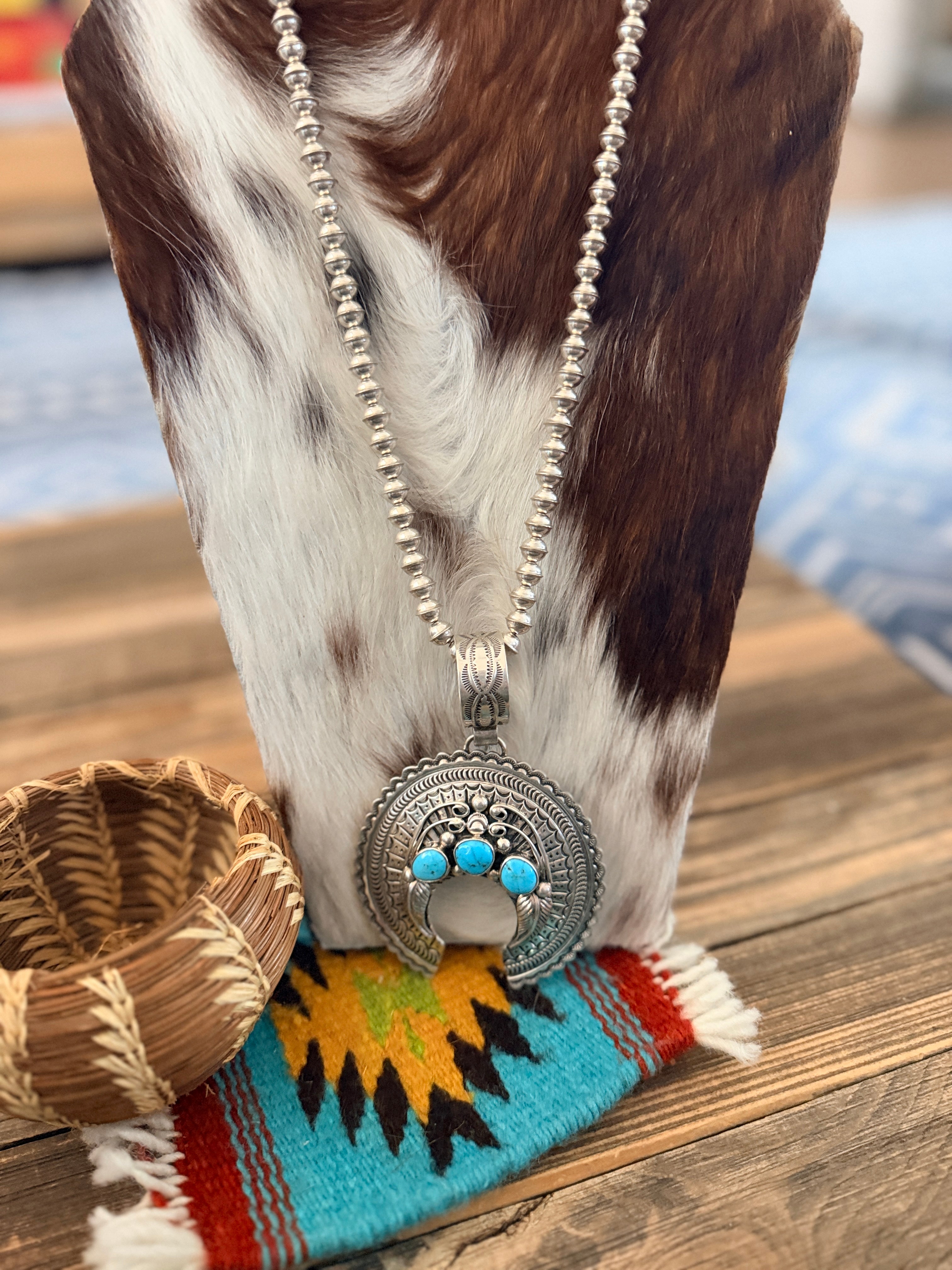 Old Pawn Handcrafted Turquoise & Sterling Silver Beaded Naja Necklace by Jeremy Delgarito