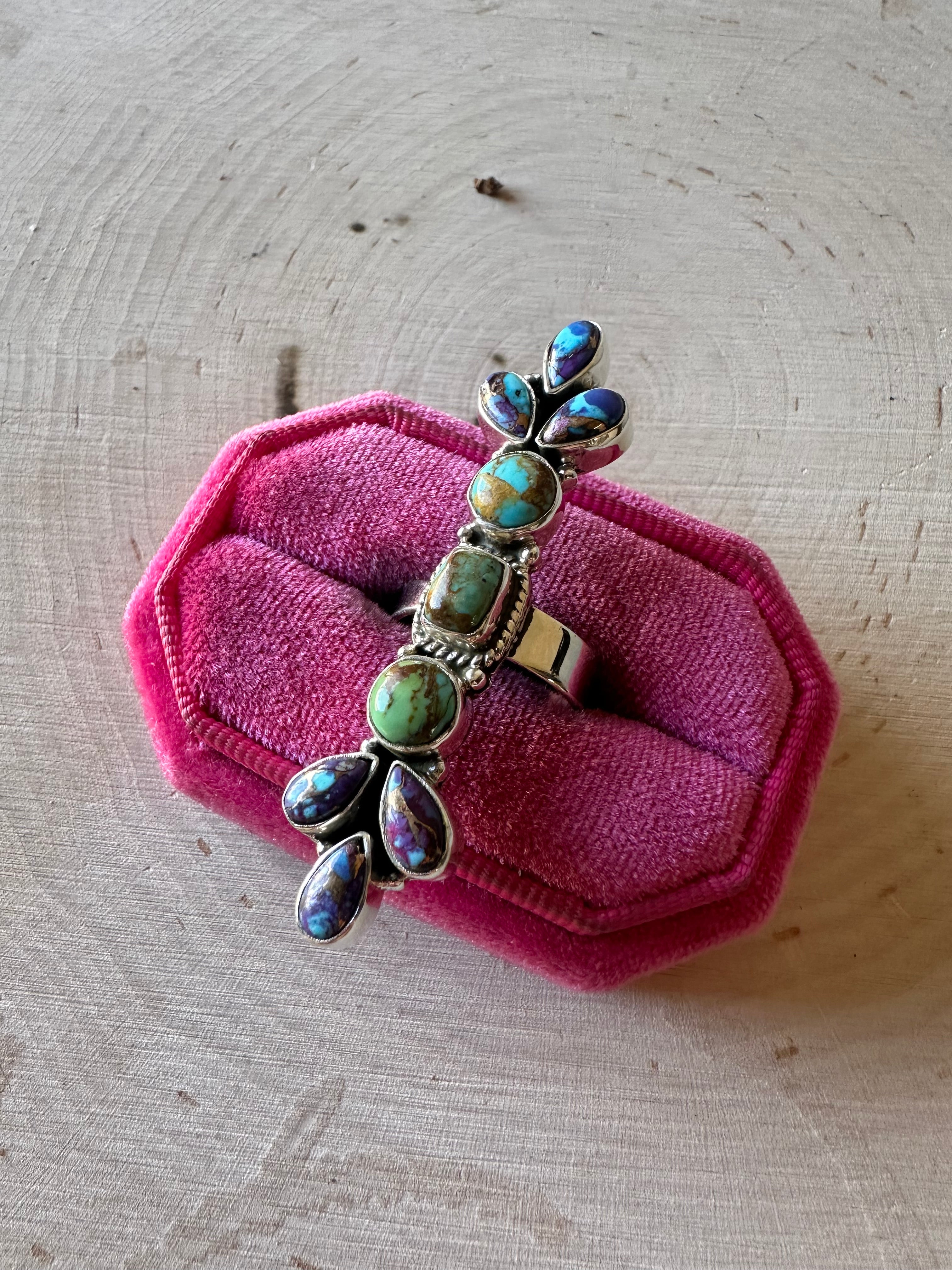 Beautiful Handmade Purple Dream Mojave, Turquoise And Sterling Silver Adjustable Cluster Ring