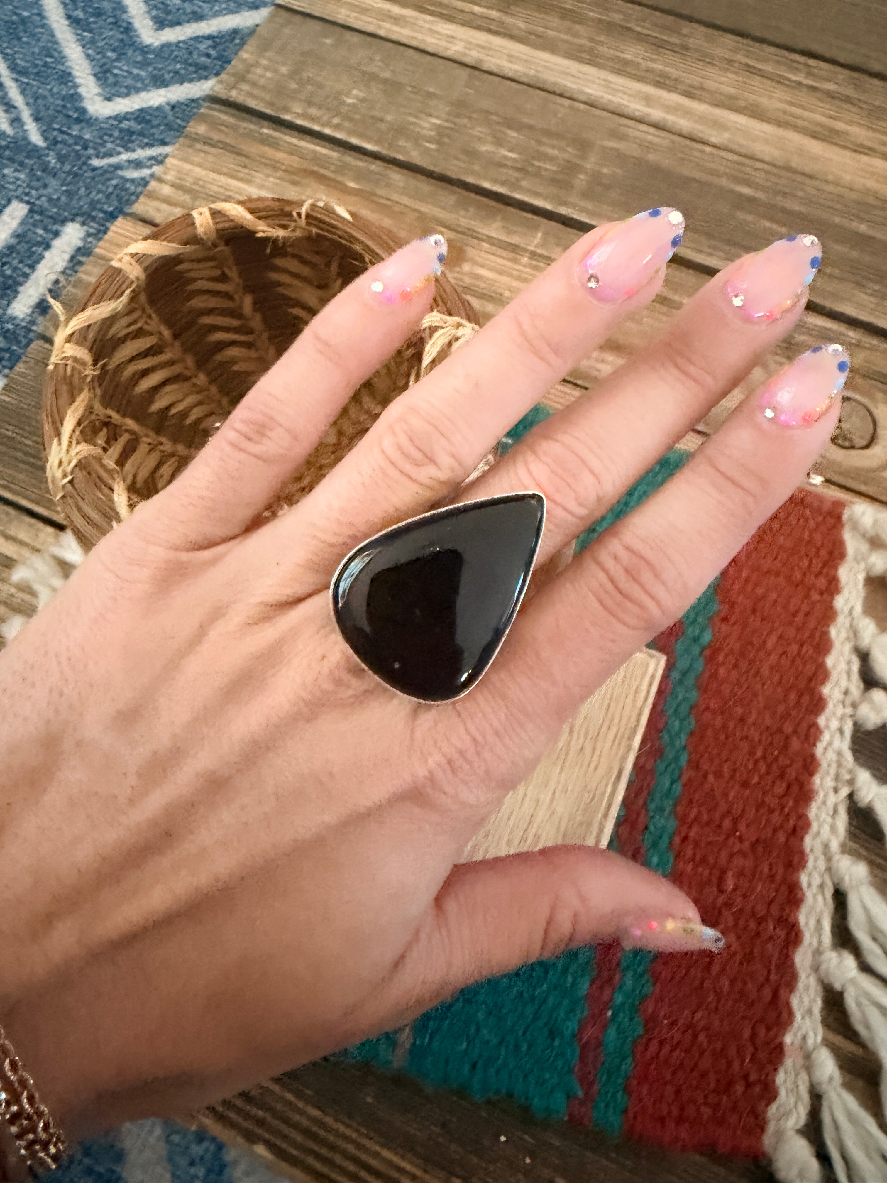 Handcrafted Black Onyx & Sterling Silver Ring Size 6.75