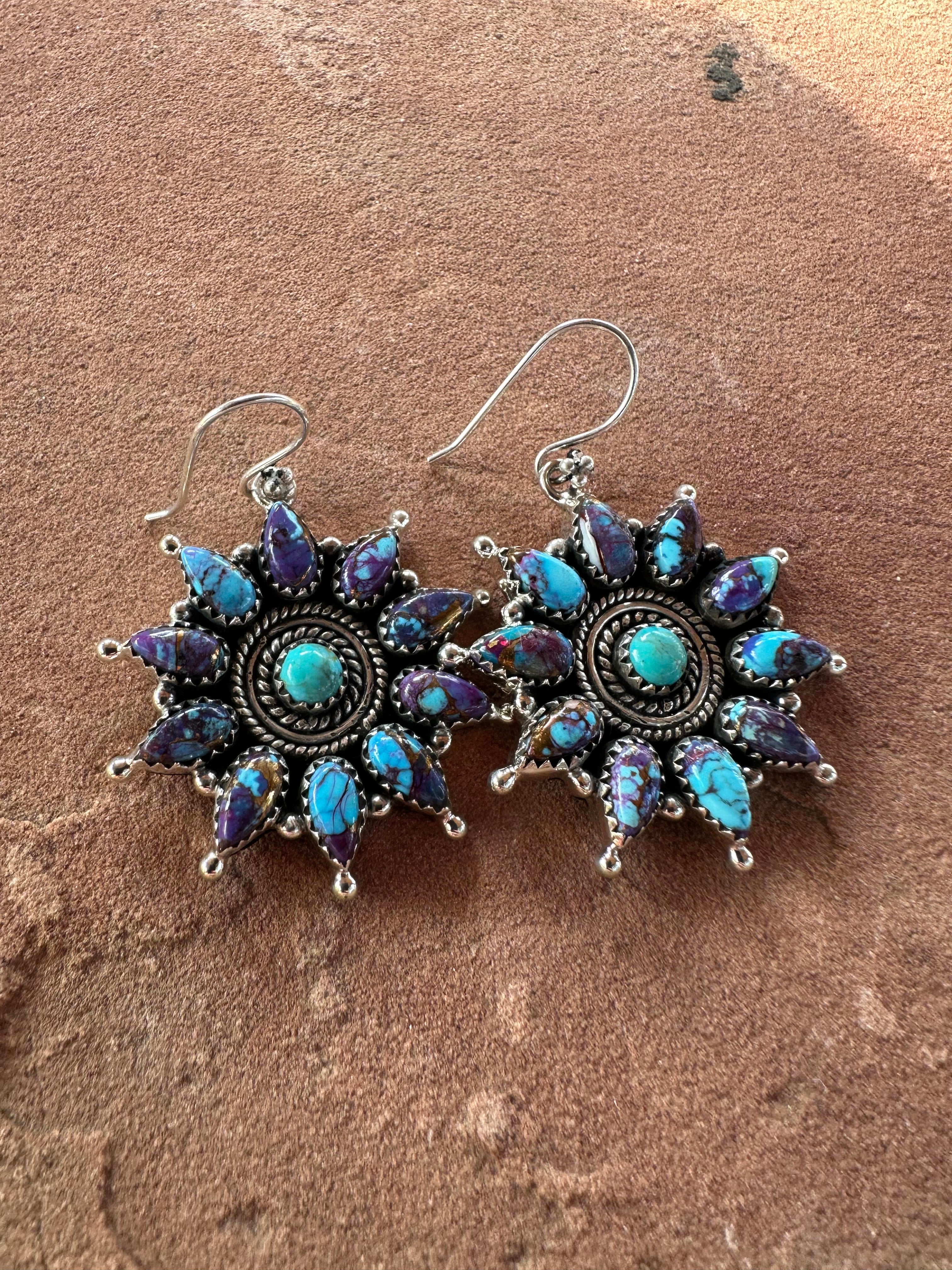 Handmade Purple Dream, Turquoise And Sterling Silver Cluster Dangle Earrings