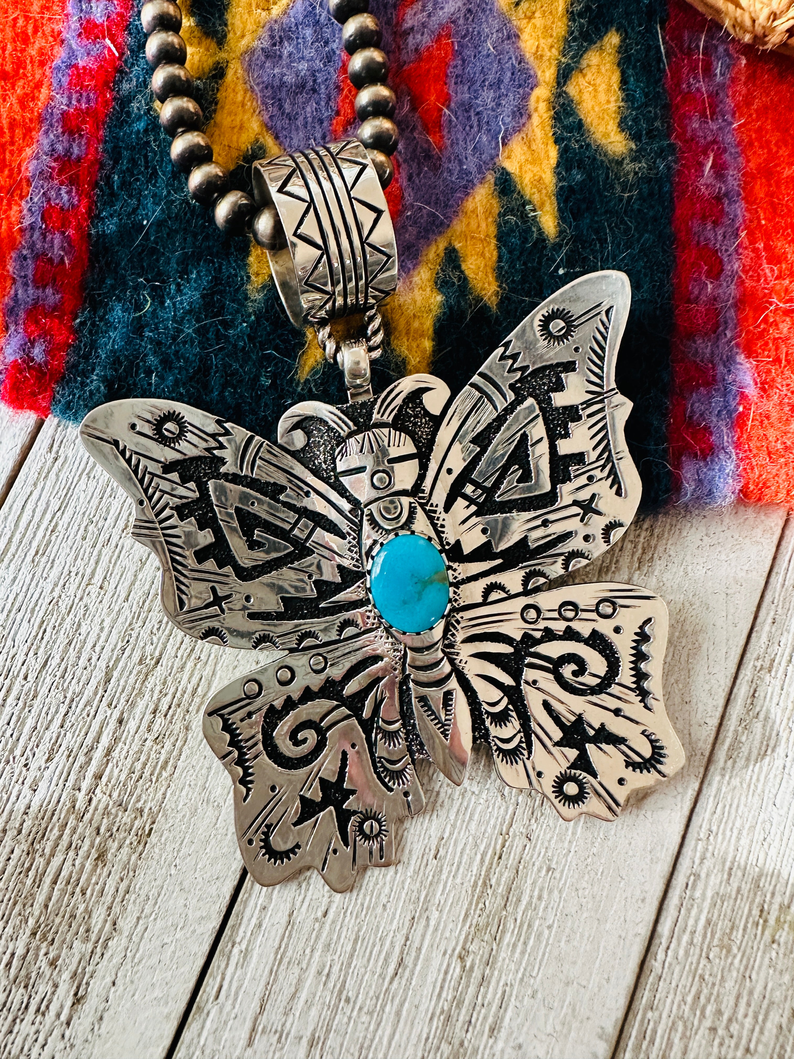 Navajo Turquoise & Sterling Silver Butterfly Pendant Signed Richard Singer