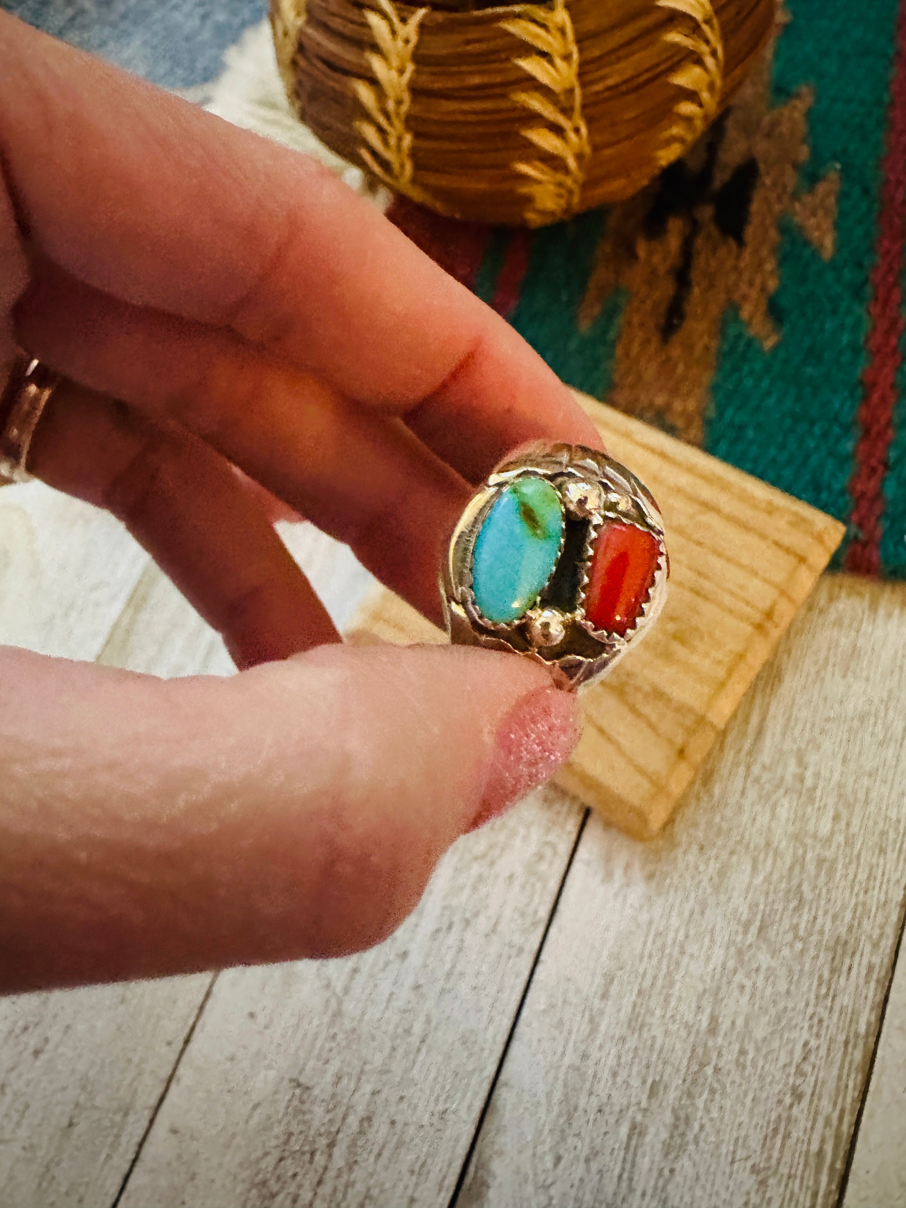 Navajo Turquoise, Coral & Sterling Silver Ring Size 13