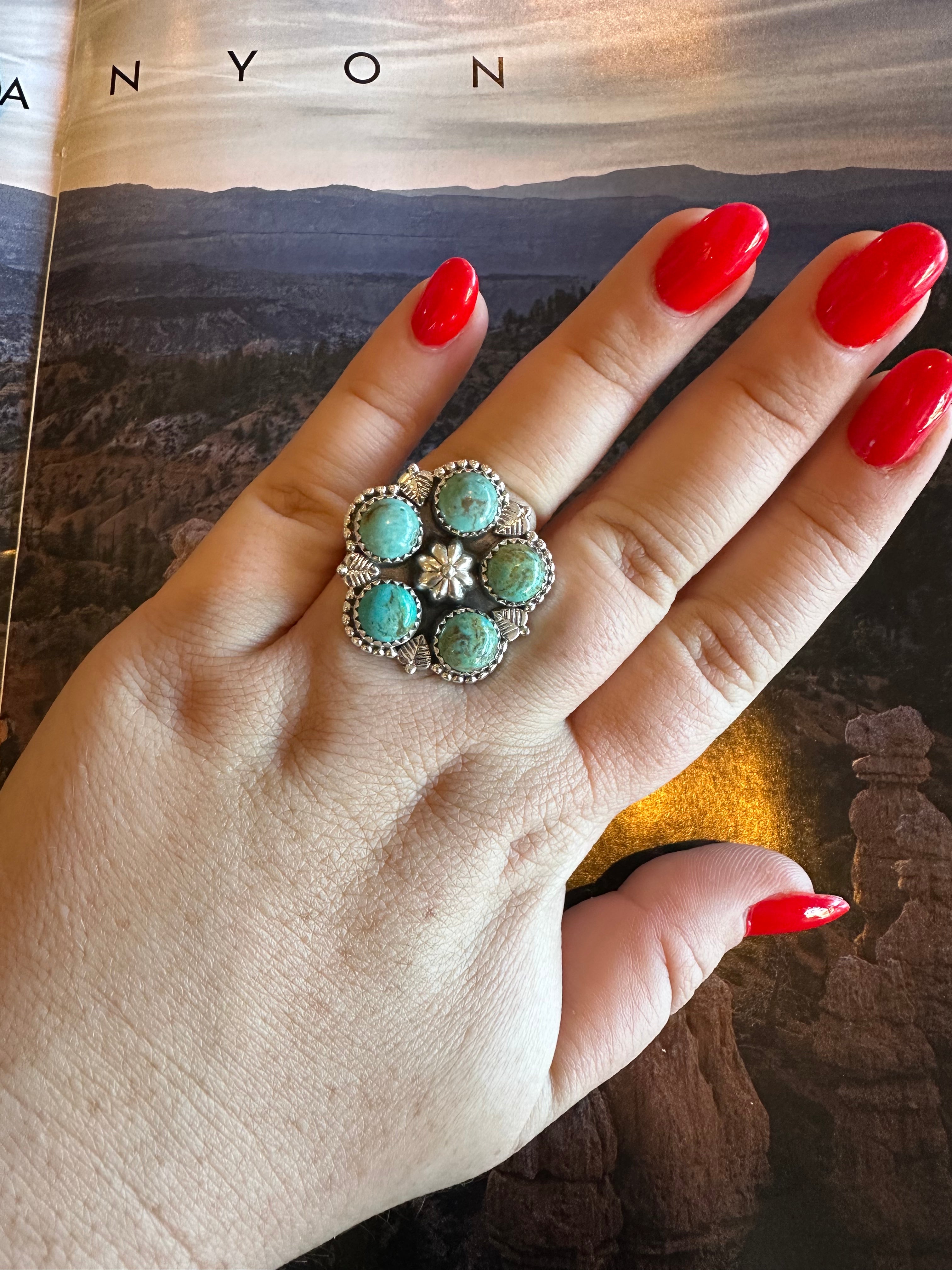 Nizhoni Handmade Adjustable Turquoise Sterling Silver 5 Stone Flower Ring