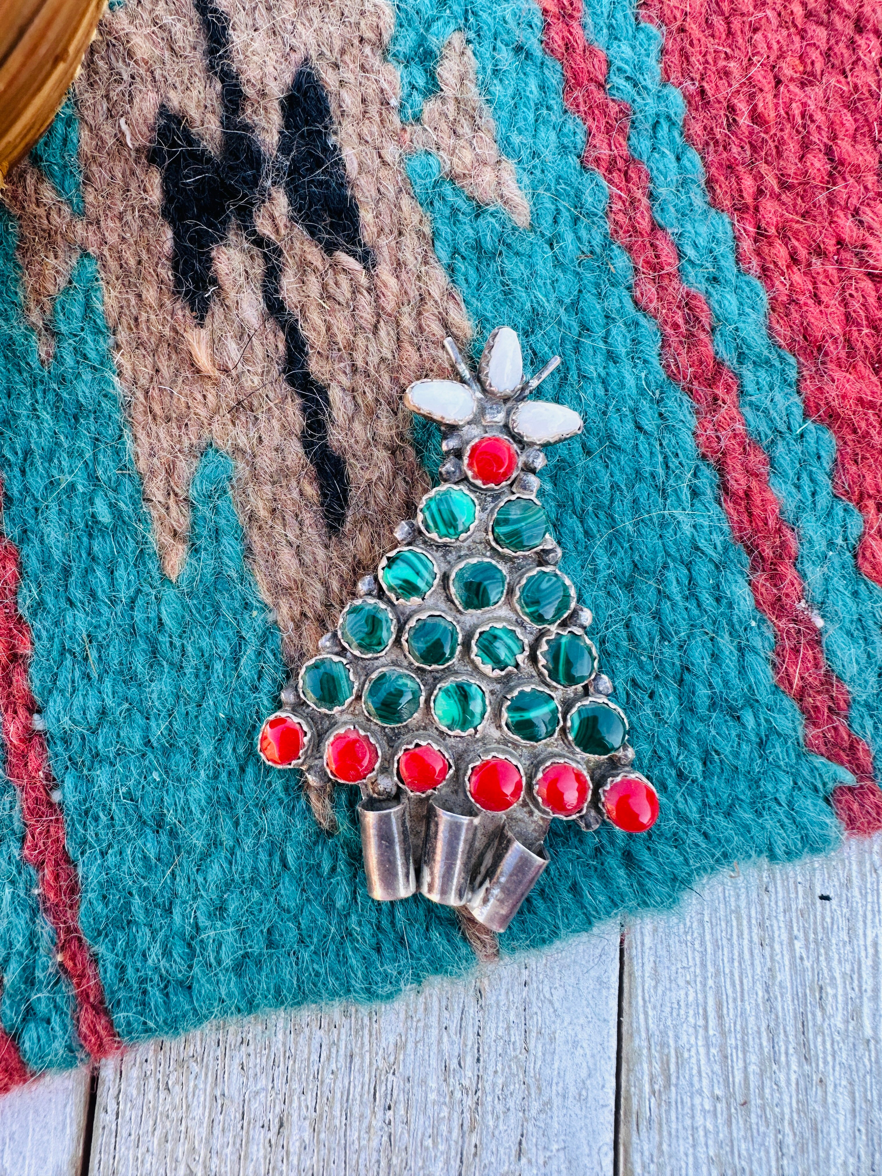 Handcrafted Old Pawn Sterling Silver & Multi Stone Christmas Tree Brooch