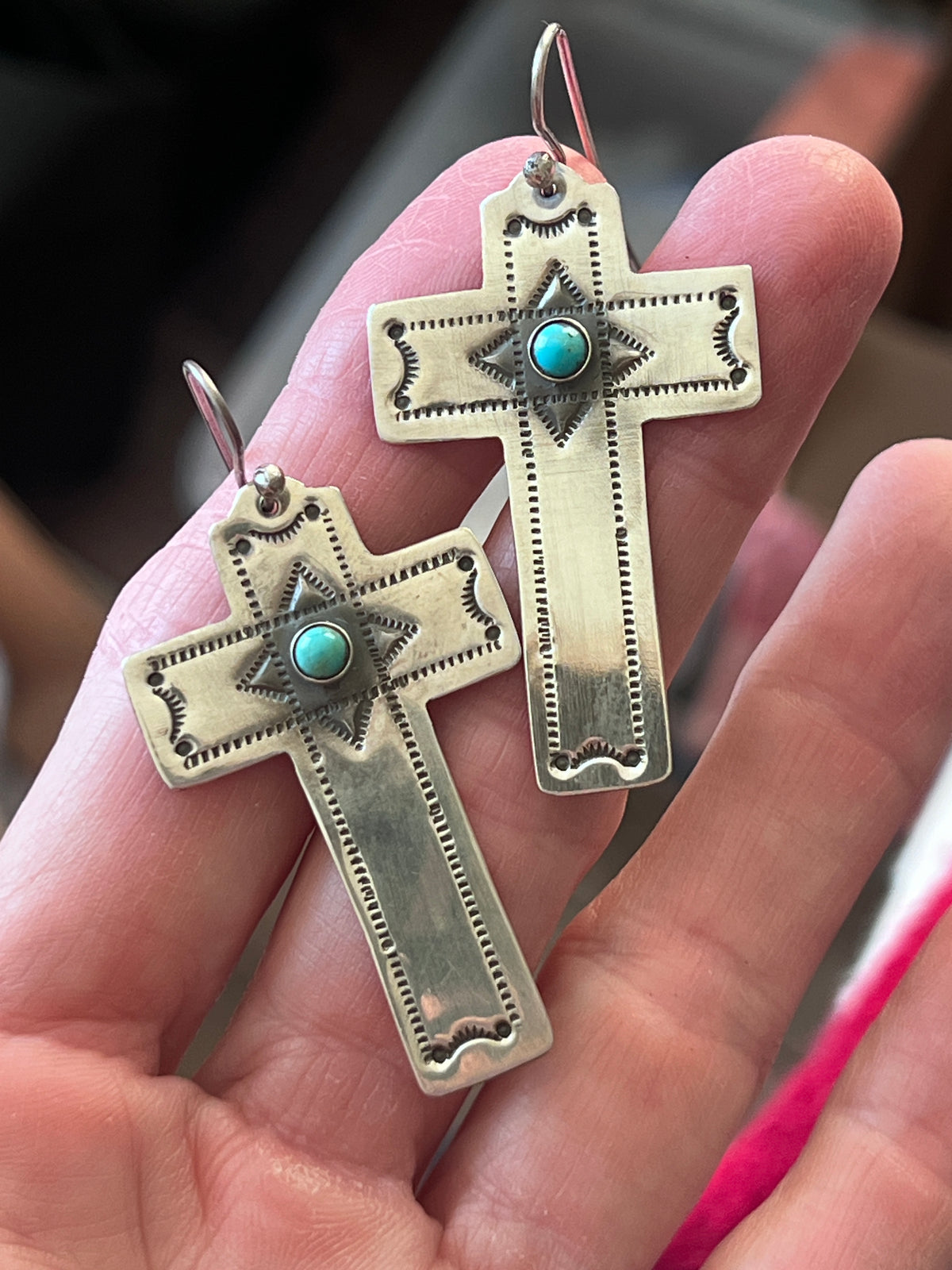 Hand Stamped Sterling Silver Cross Dangle Earrings with Turquoise by Kimari Somers