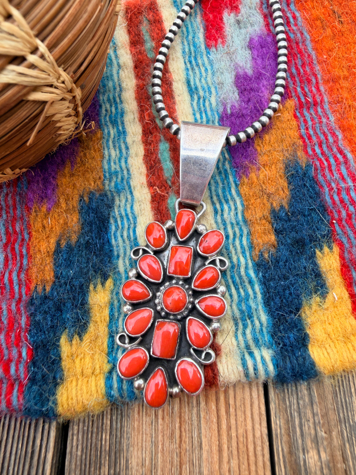 Old Pawn Handcrafted Coral and Sterling Silver Cluster Pendant by Emma Lincoln