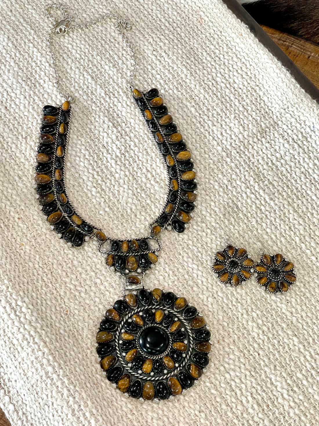 Beautiful Handmade Onyx, Tiger’s Eye & Sterling Silver Cluster Necklace And Earring set
