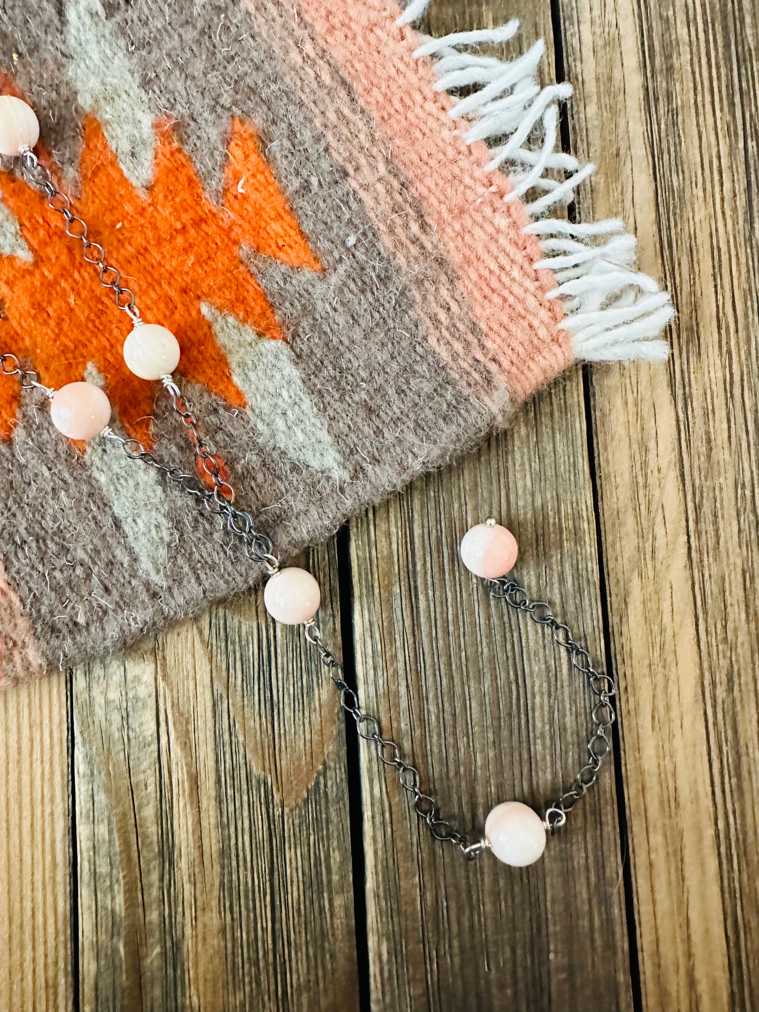 Navajo Sterling Silver & Queen Pink Conch Beaded Lariat Necklace