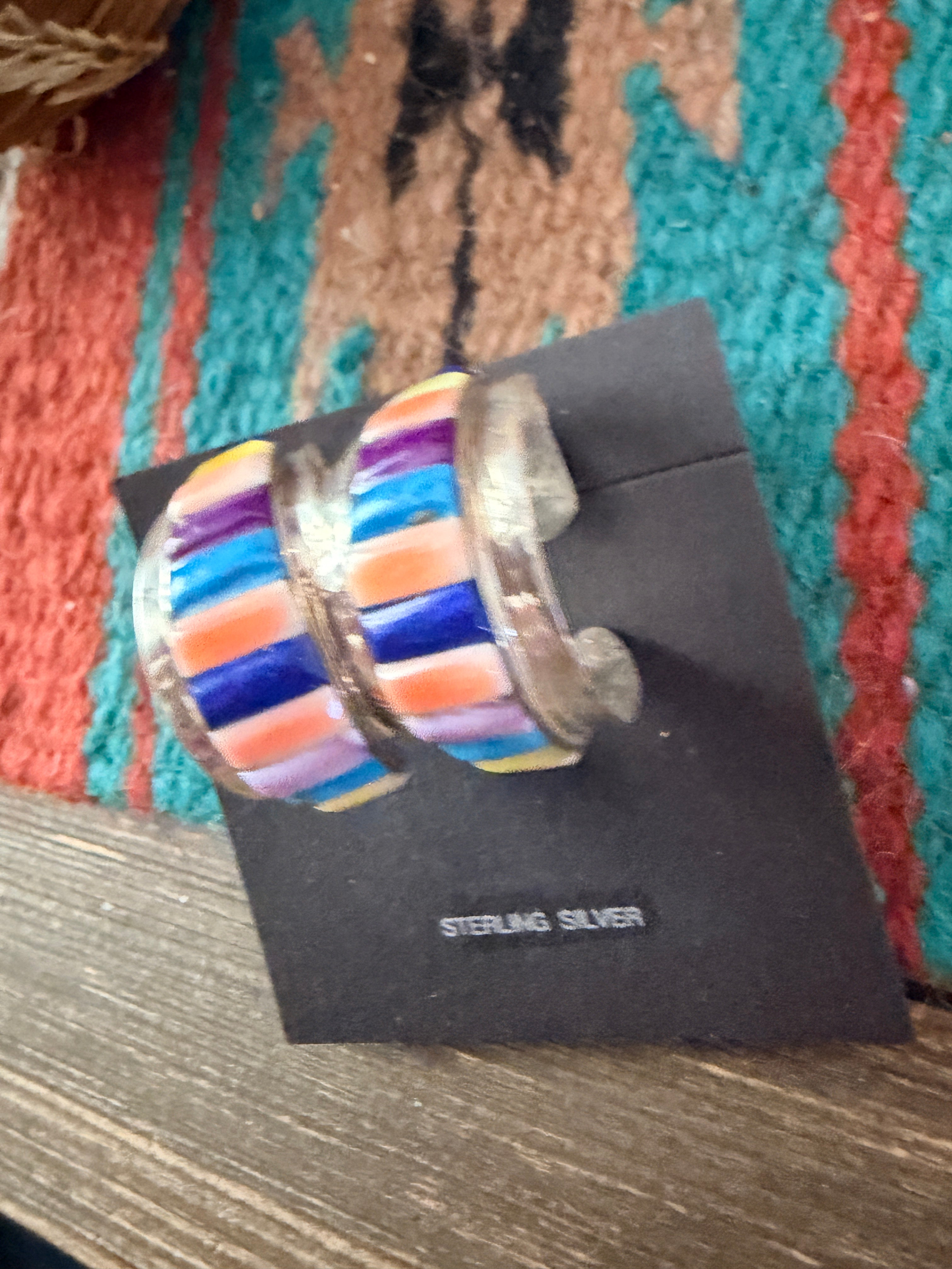 Old Pawn Handcrafted Sterling Silver & Multi Stone Inlay Hoop Earrings