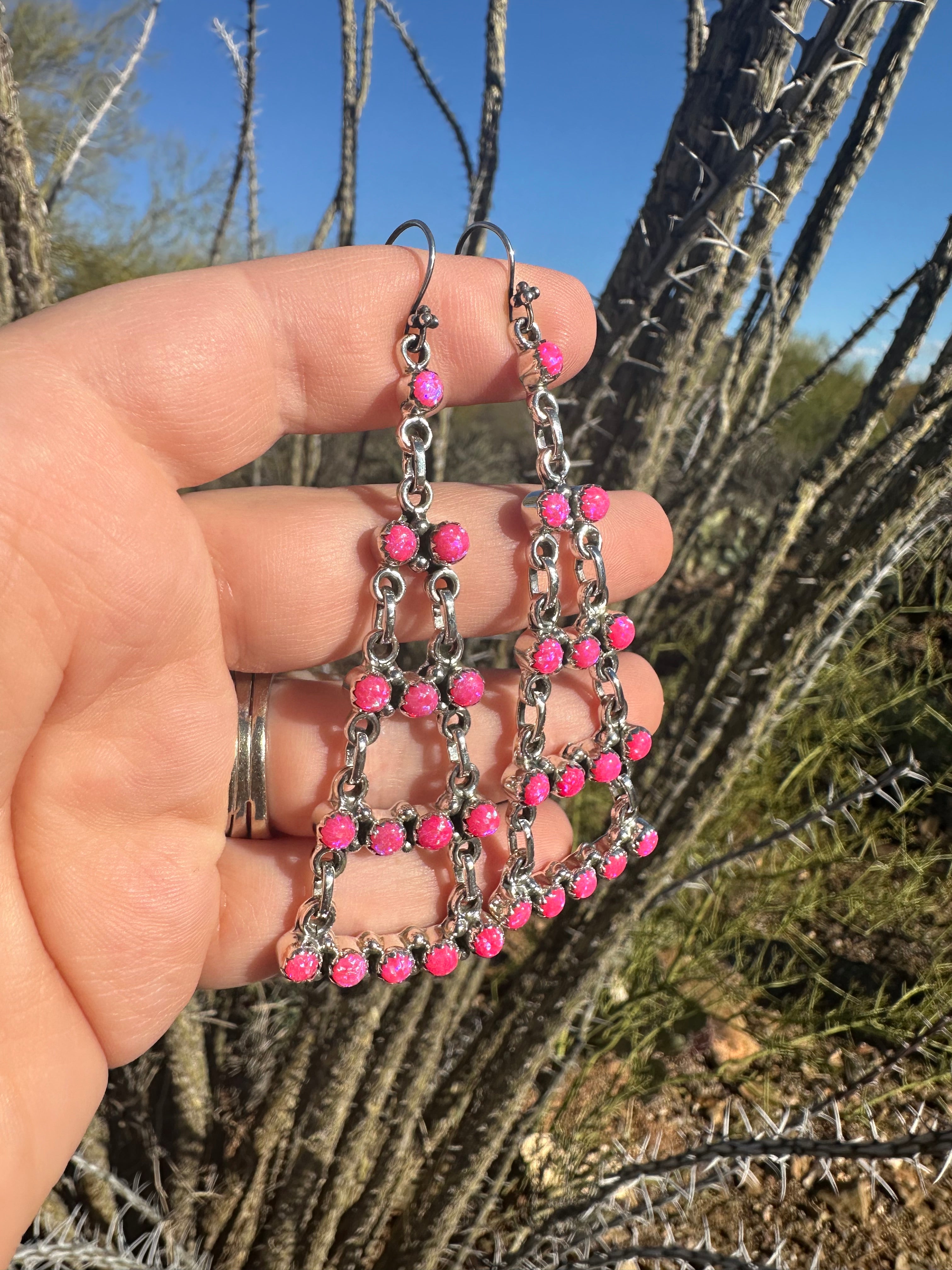 Handmade Hot Pink Fire Opal and Sterling Silver Dangle Earrings