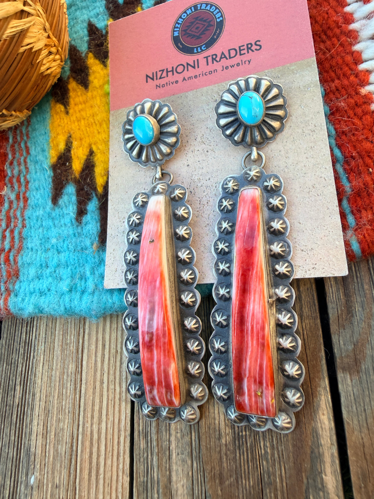 Handcrafted Spiny Oyster, Turquoise & Sterling Silver Dangle Earrings by Eugene Charley