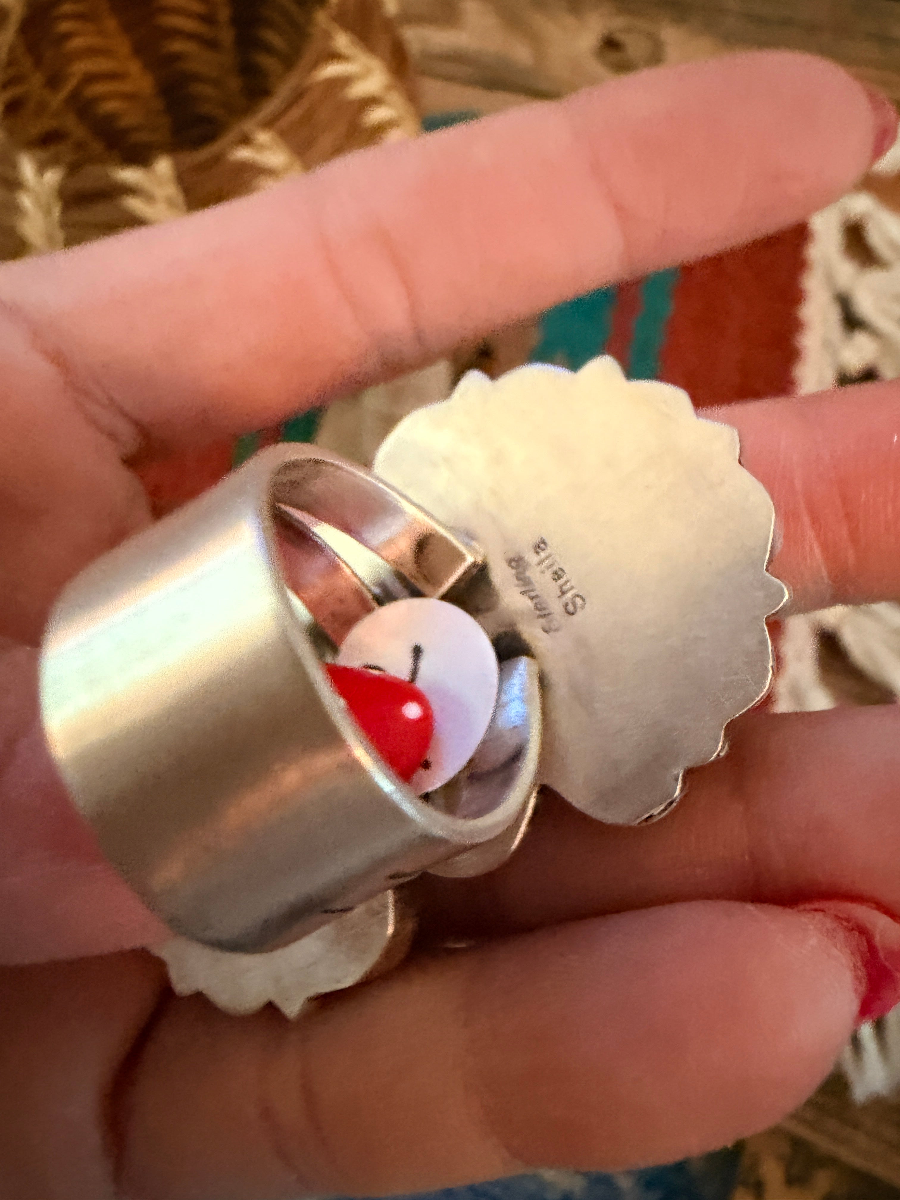 Handcrafted Spiny Oyster, Turquoise & Sterling Silver Cluster Ring by Sheila Becenti Size 9.5