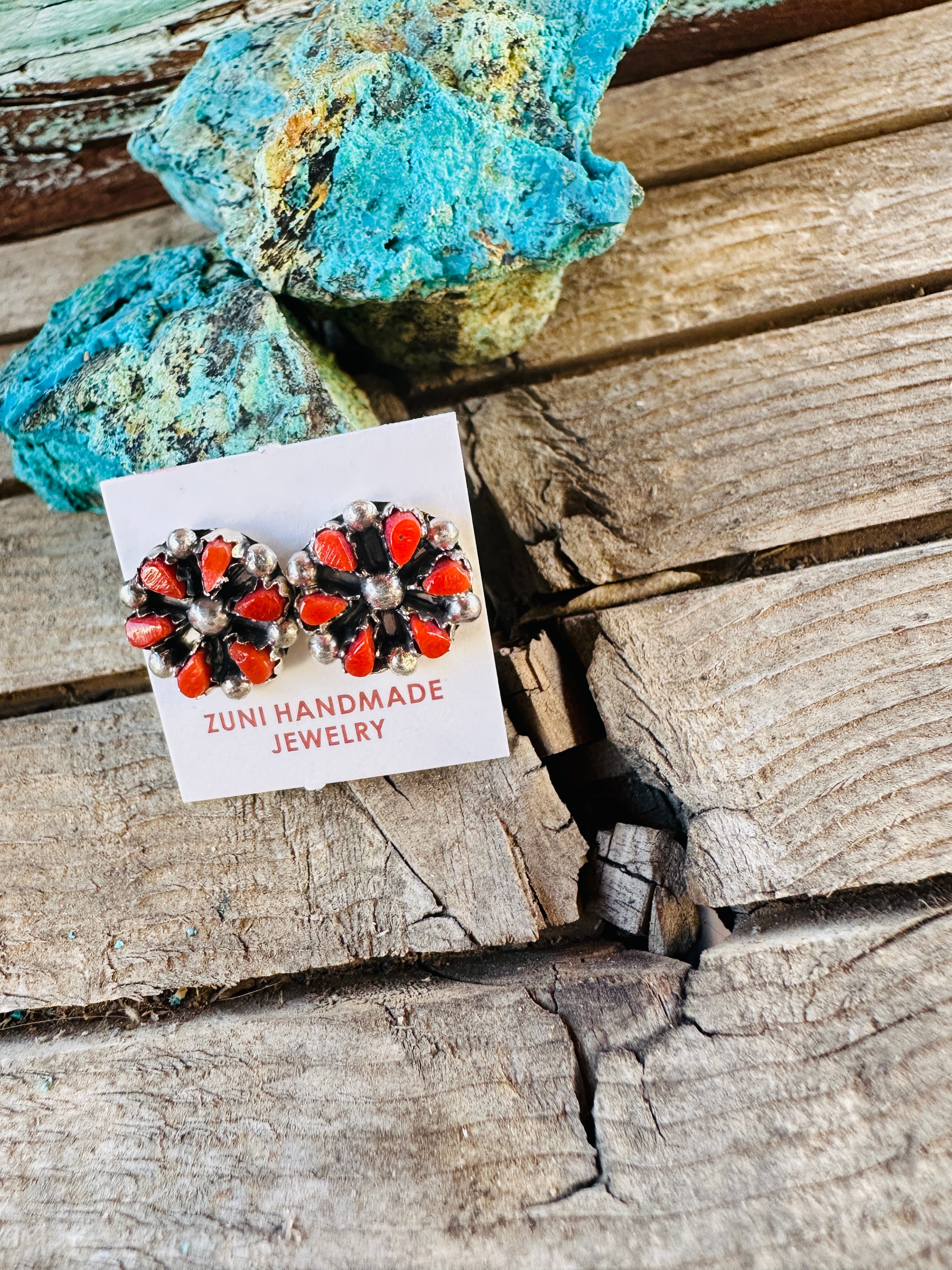Handcrafted Sterling Silver & Coral Petit Point Stud Earrings