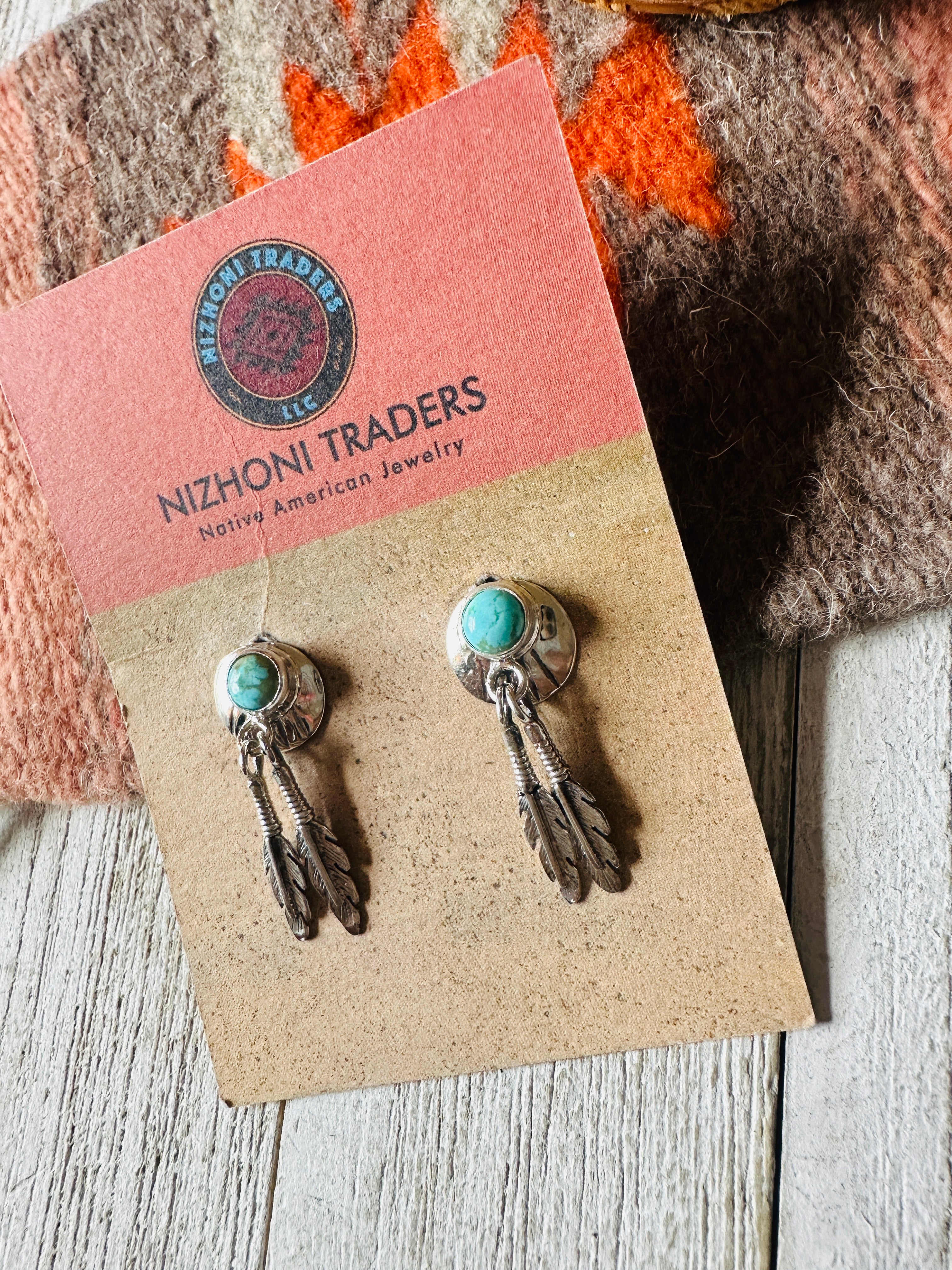 Navajo Turquoise & Sterling Silver Concho Feather Earrings