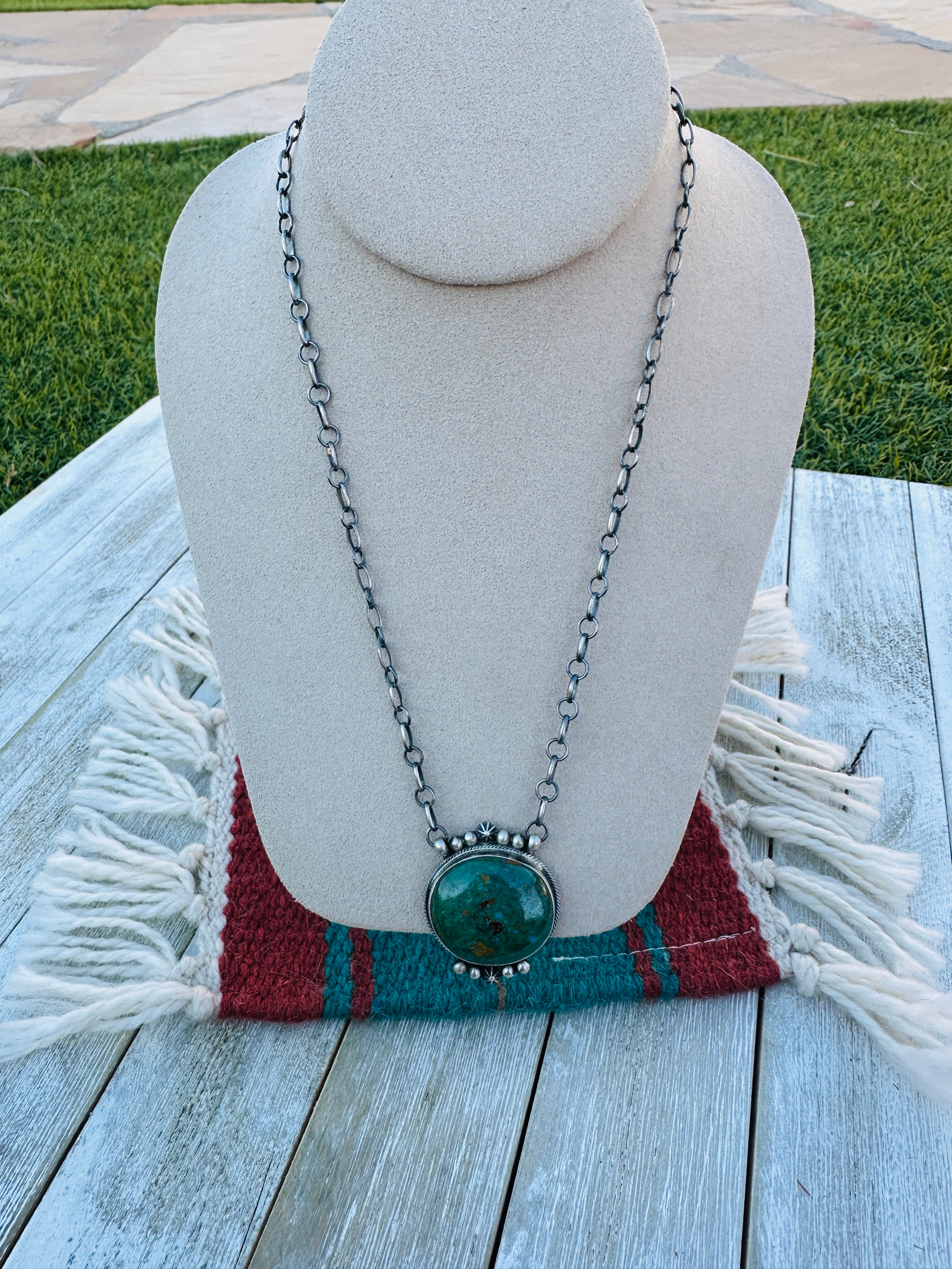 Handcrafted Sterling Silver 18” Link Chain & Royston Turquoise Necklace