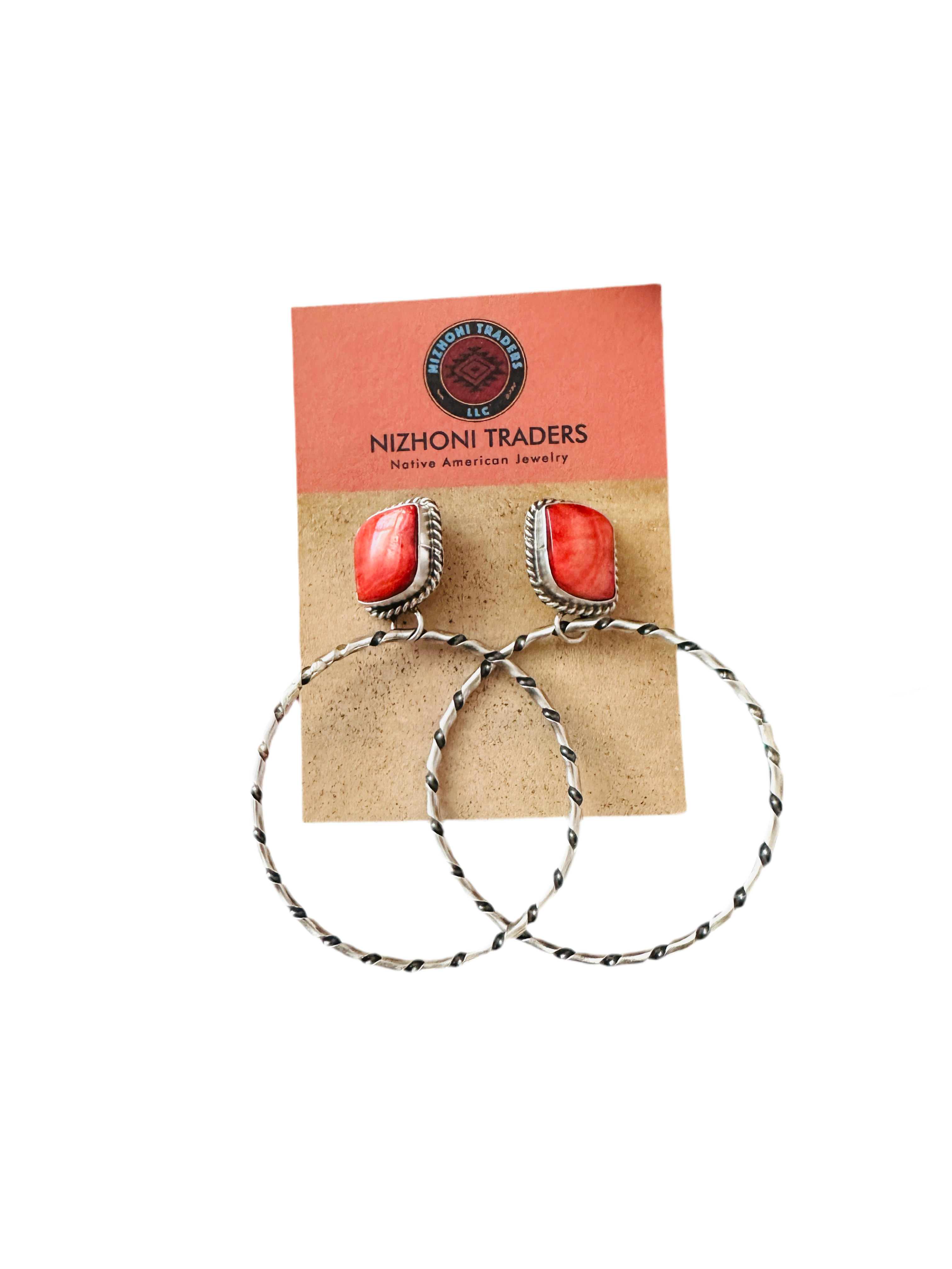 Navajo Orange Spiny and Sterling Silver Dangle Hoop Earrings