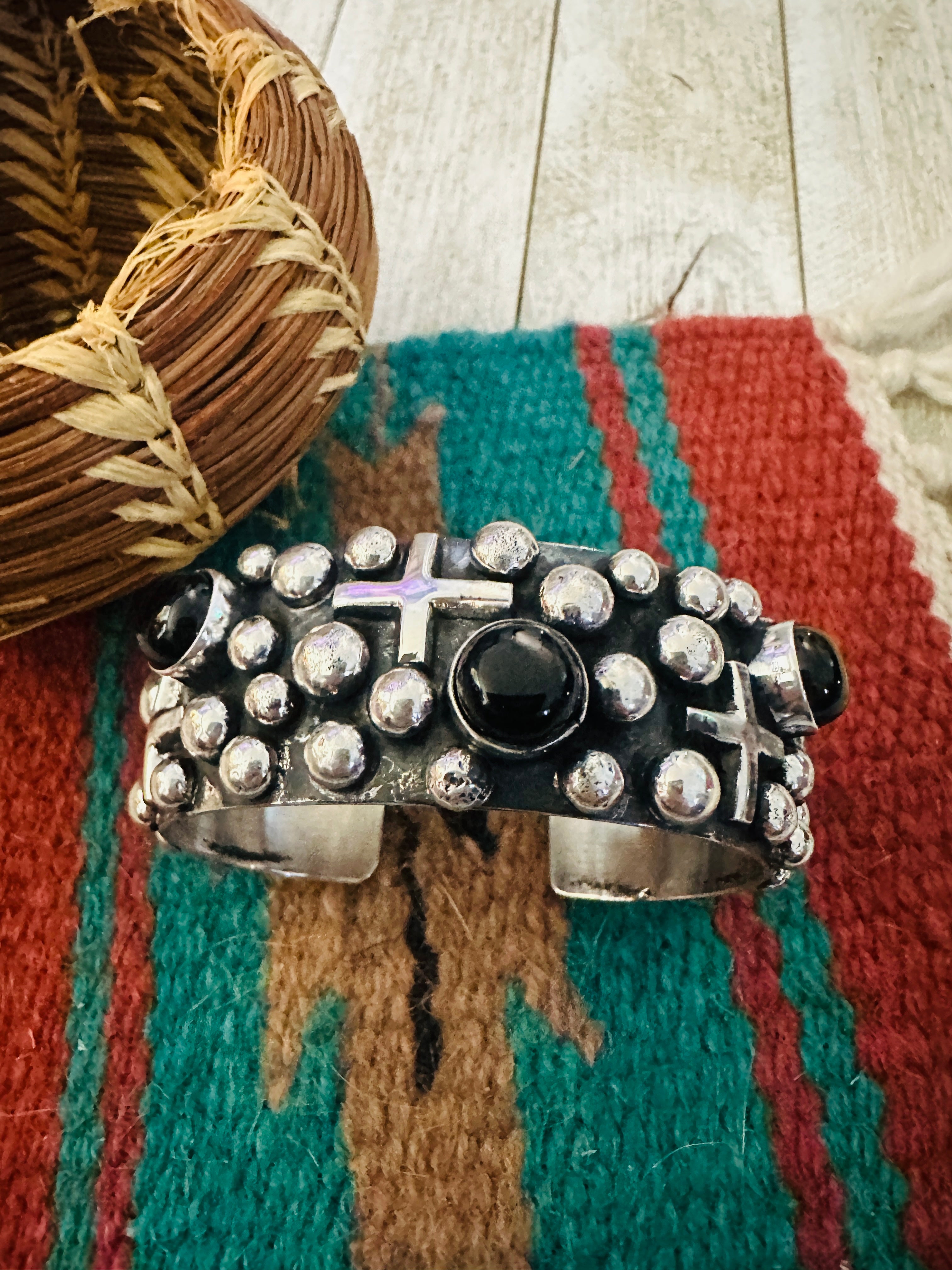 Handcrafted Onyx & Sterling Silver Cross Cuff Bracelet by Chimney Butte