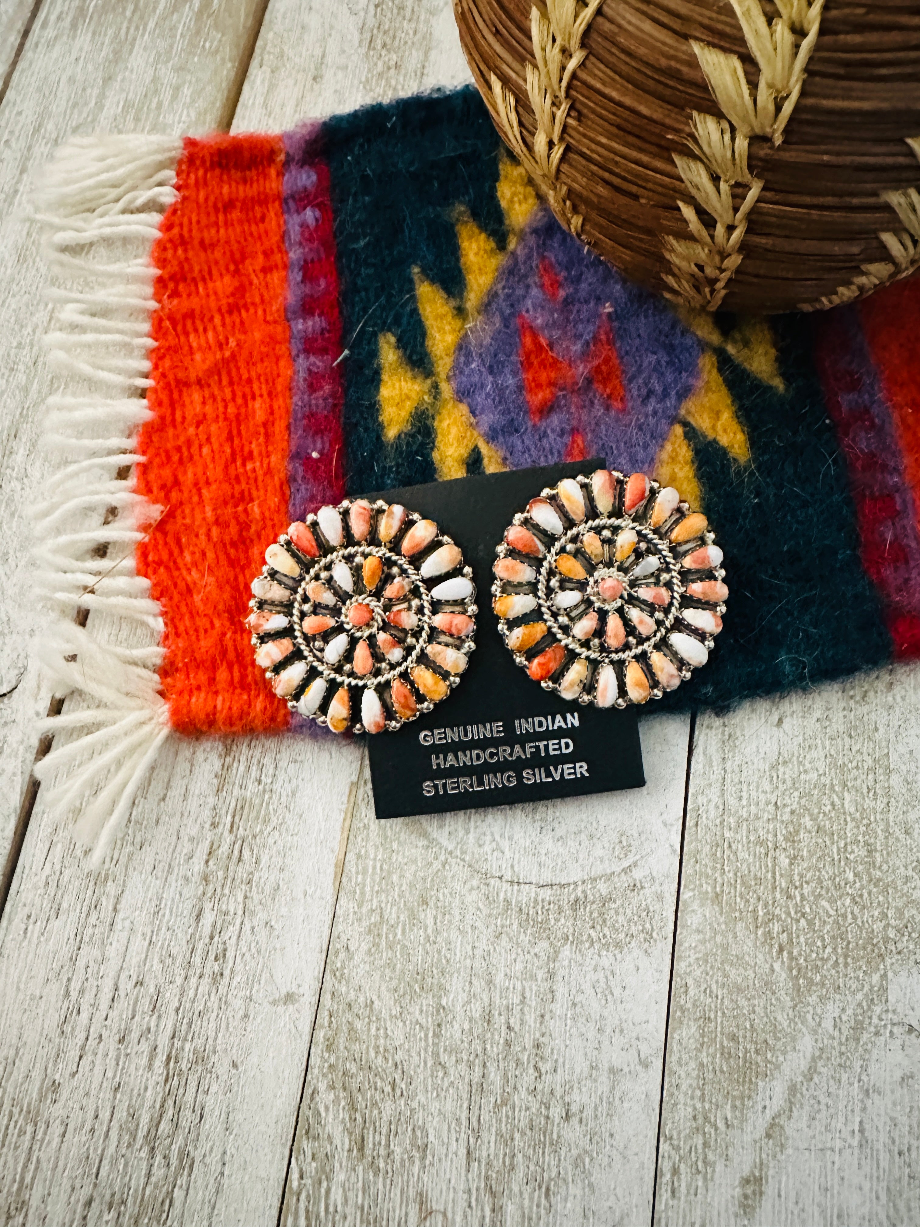 Navajo Sterling Silver & Orange Spiny Cluster Earrings