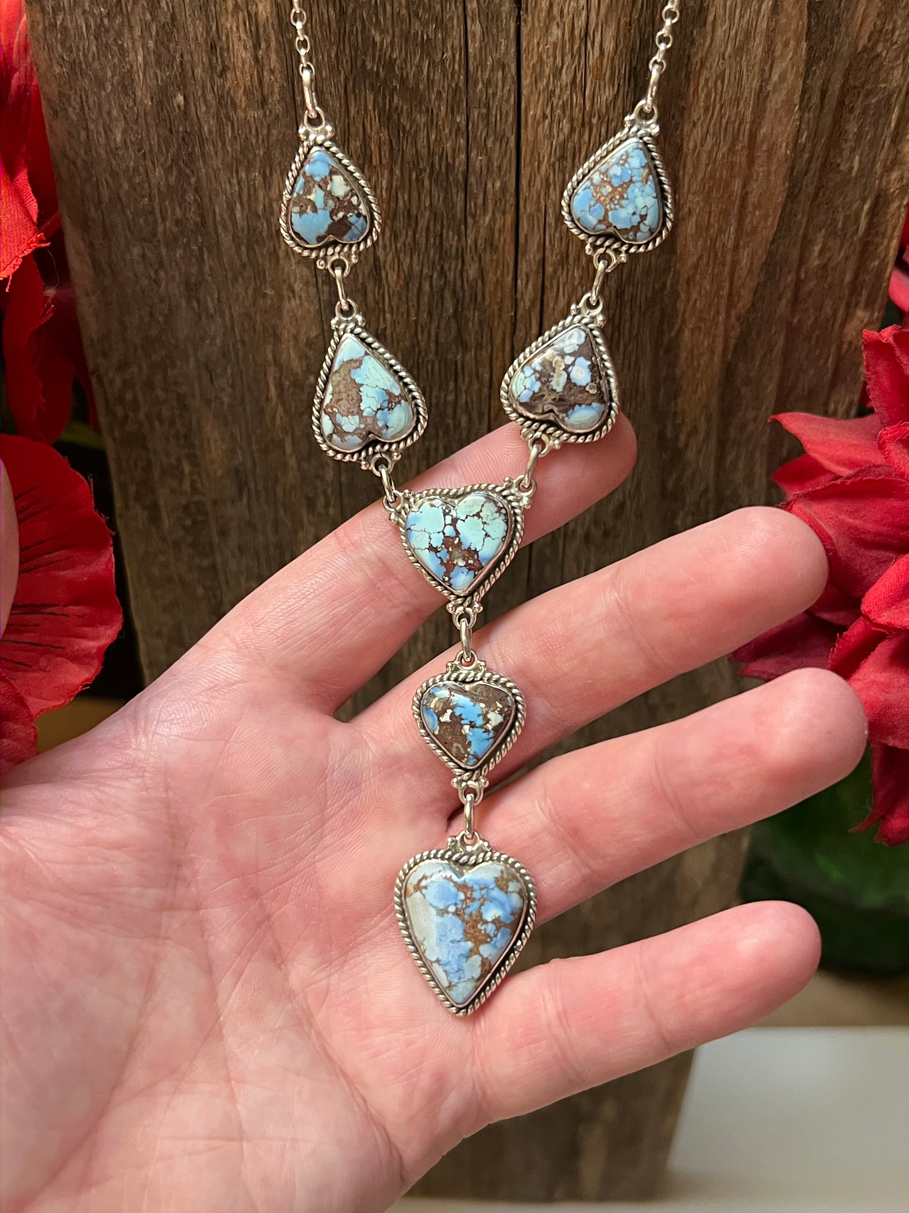 Handmade Sterling Silver & Golden Hills Turquoise 7 Heart Lariat Necklace