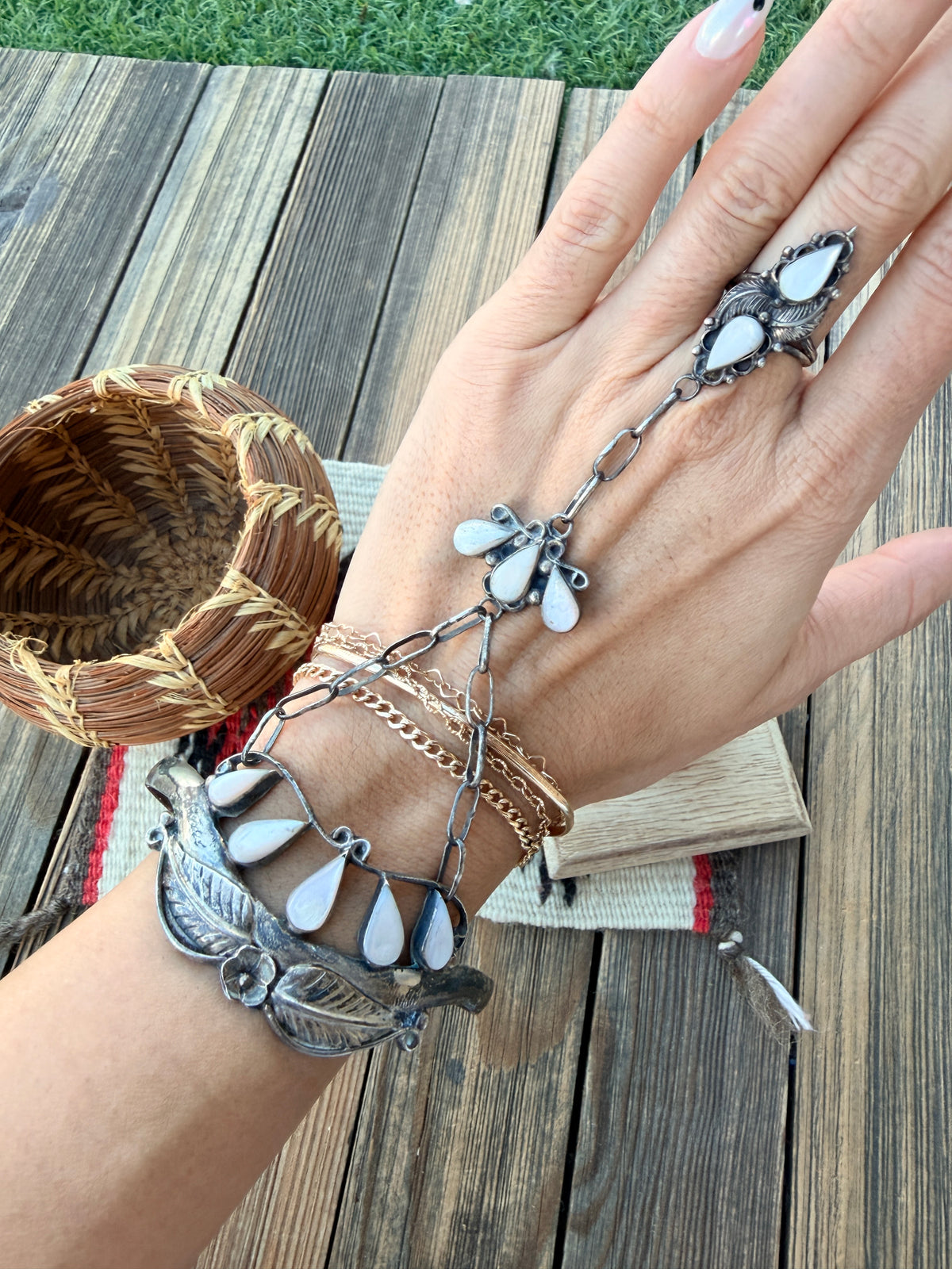 Handcrafted Old Pawn Mother of Pearl & Sterling Silver Cuff Bracelet with Hand Chain