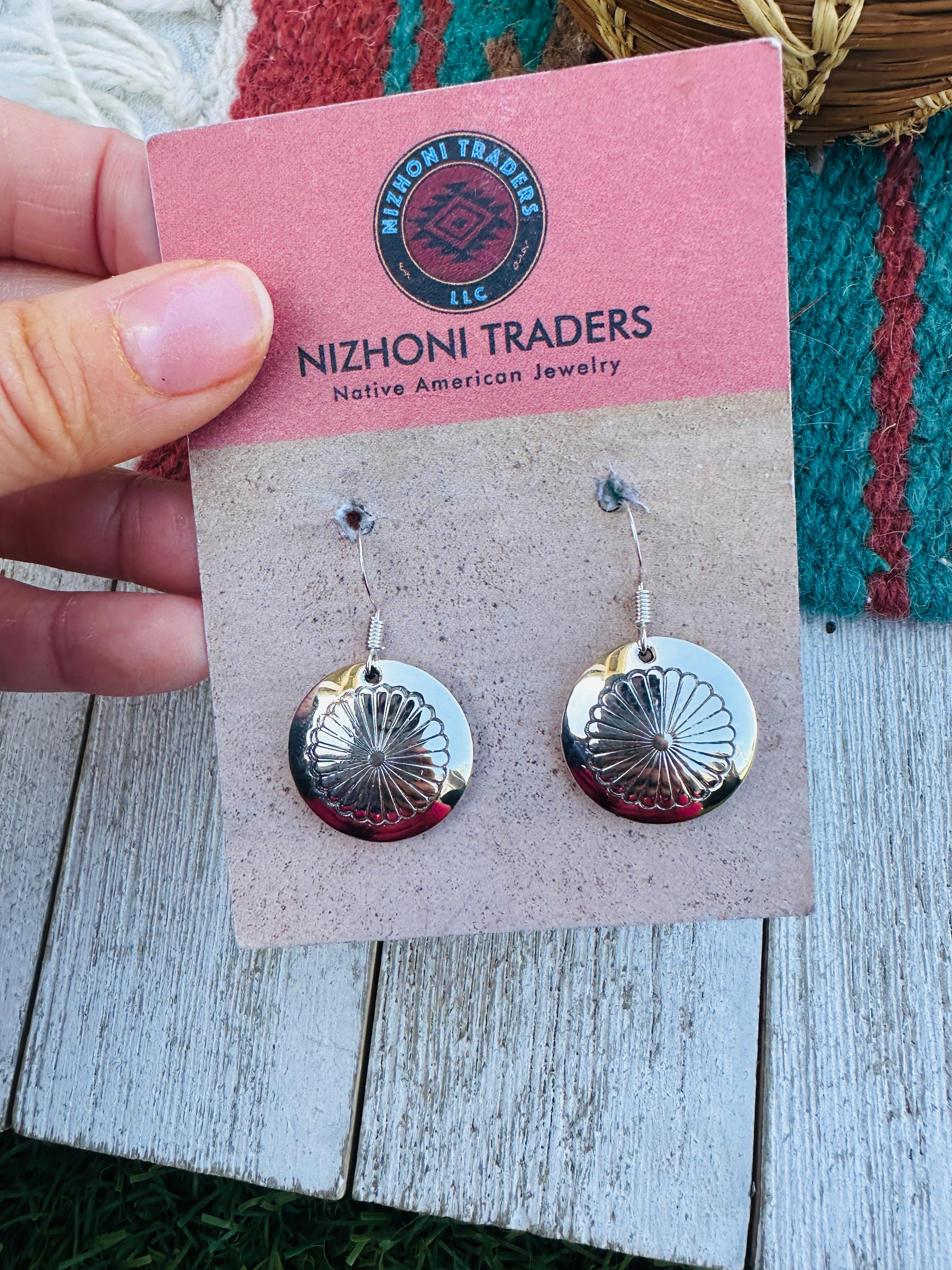 Handcrafted Hand Stamped Sterling Silver Concho Dangle Earrings