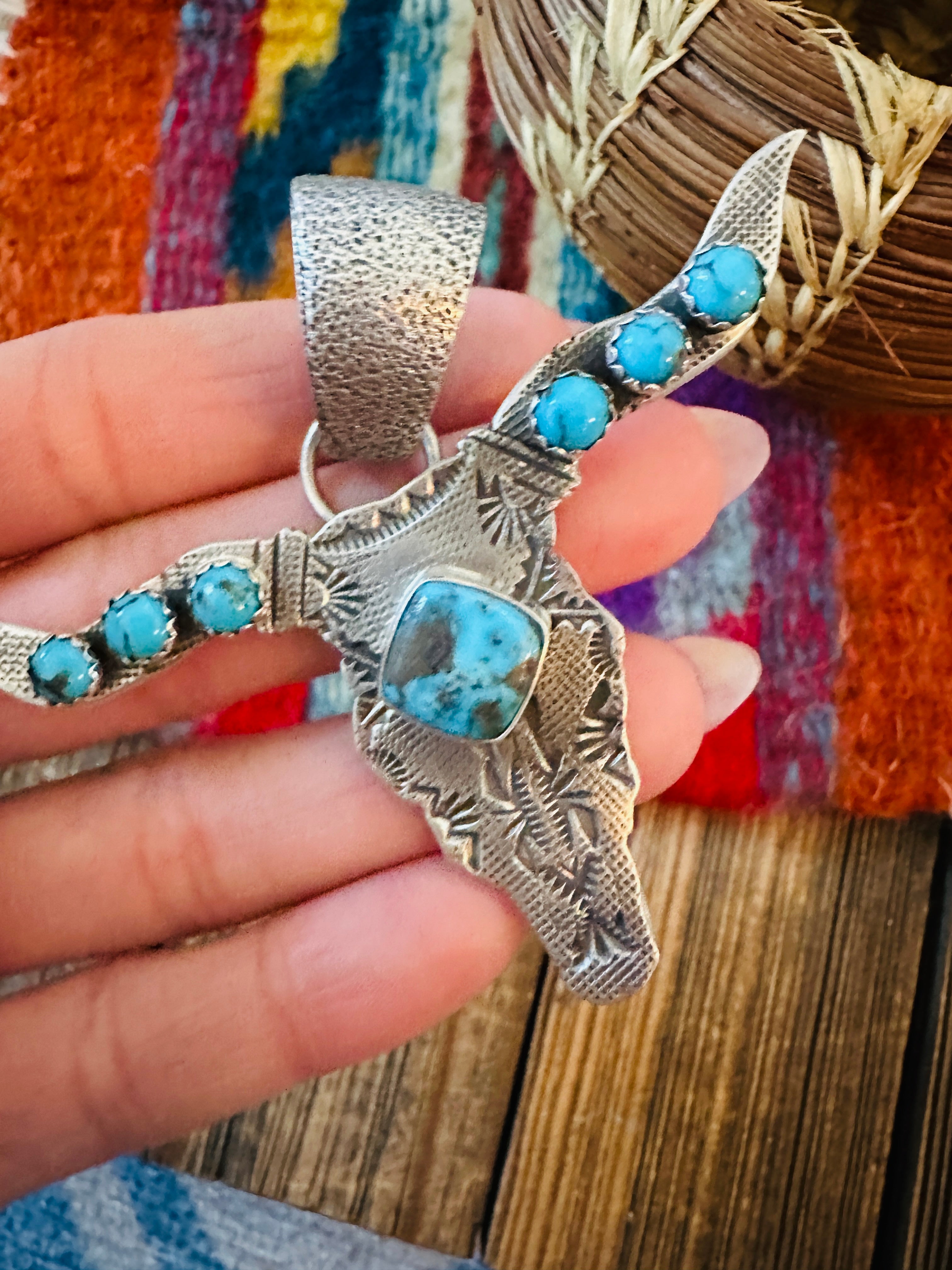 Handcrafted Sterling Silver & Turquoise Bullhead Pendant by Leroy James