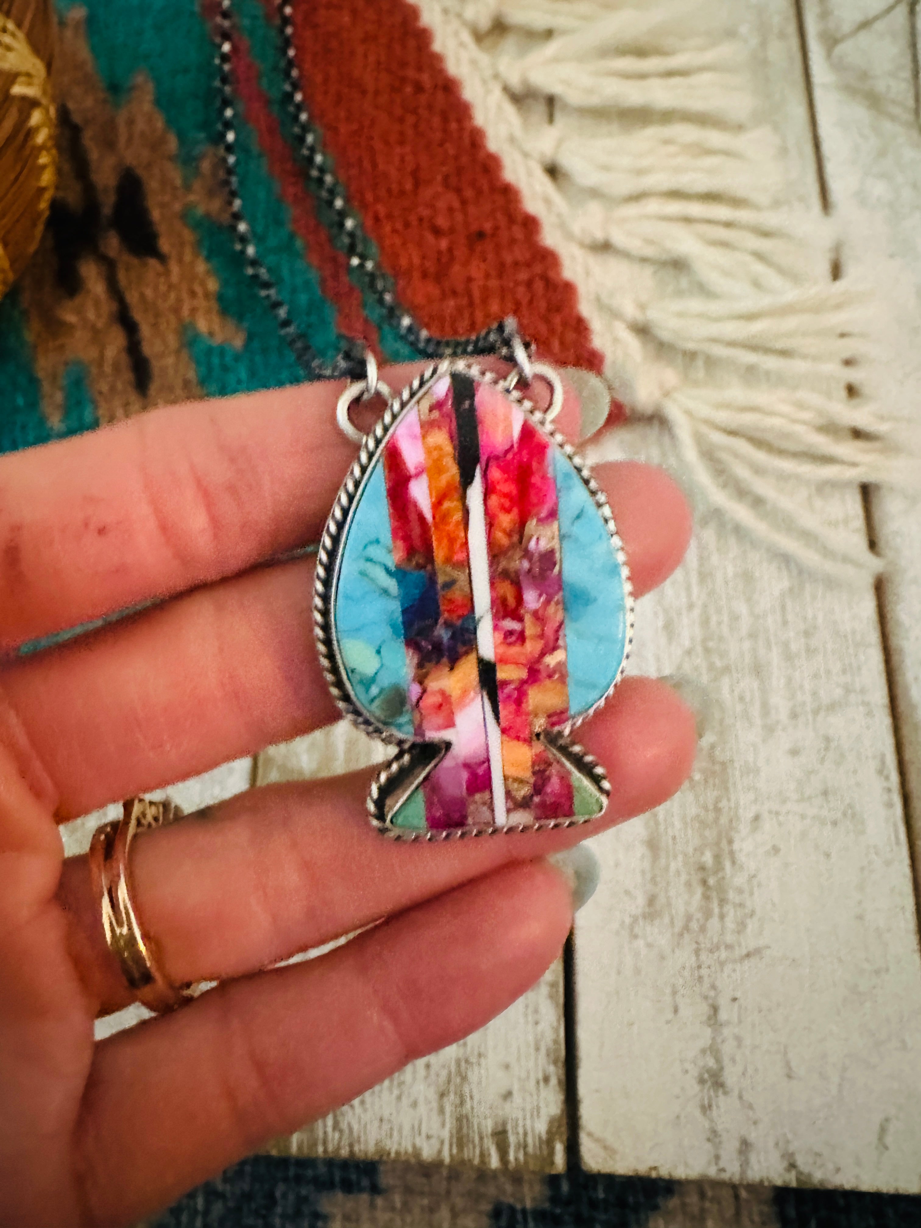 Navajo Sterling Silver & Multi Stone Inlay Spade Necklace