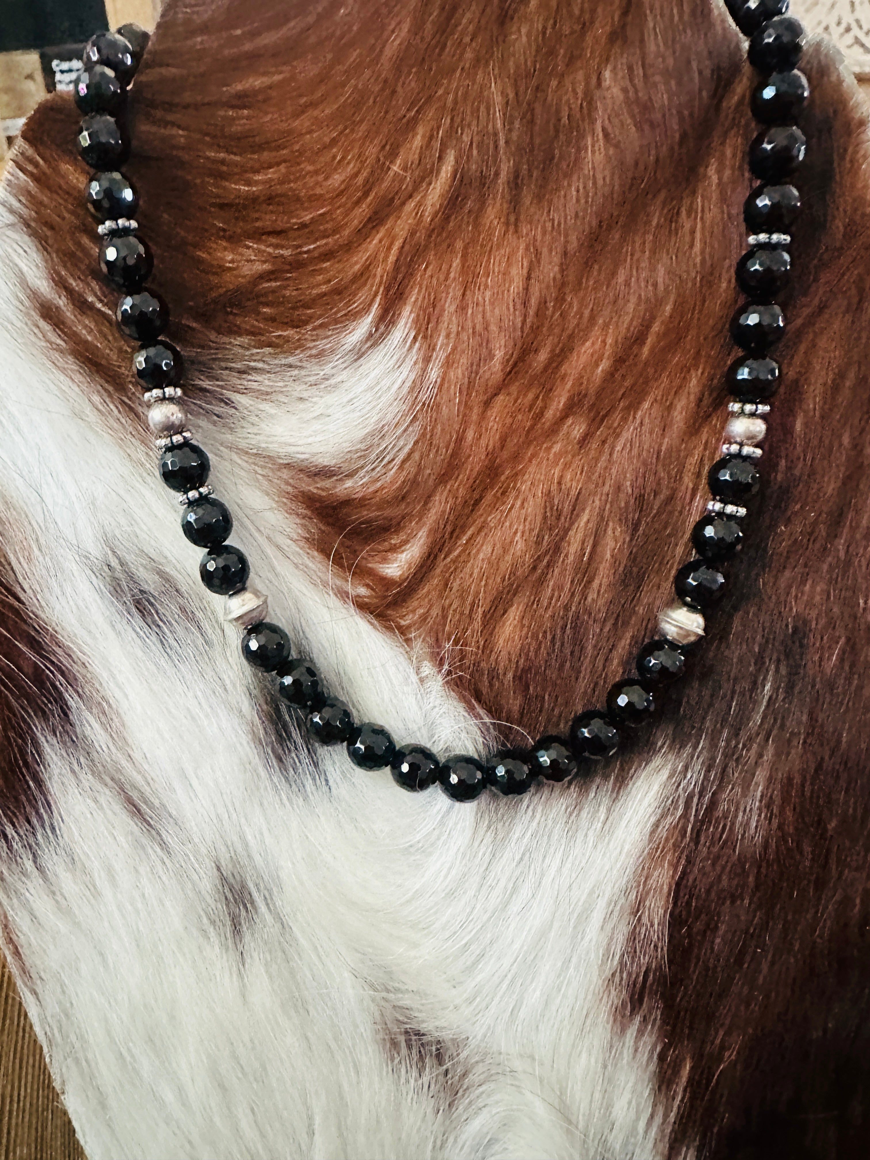 Handcrafted Black Onyx & Sterling Silver Beaded 16” Necklace by T & R Singer