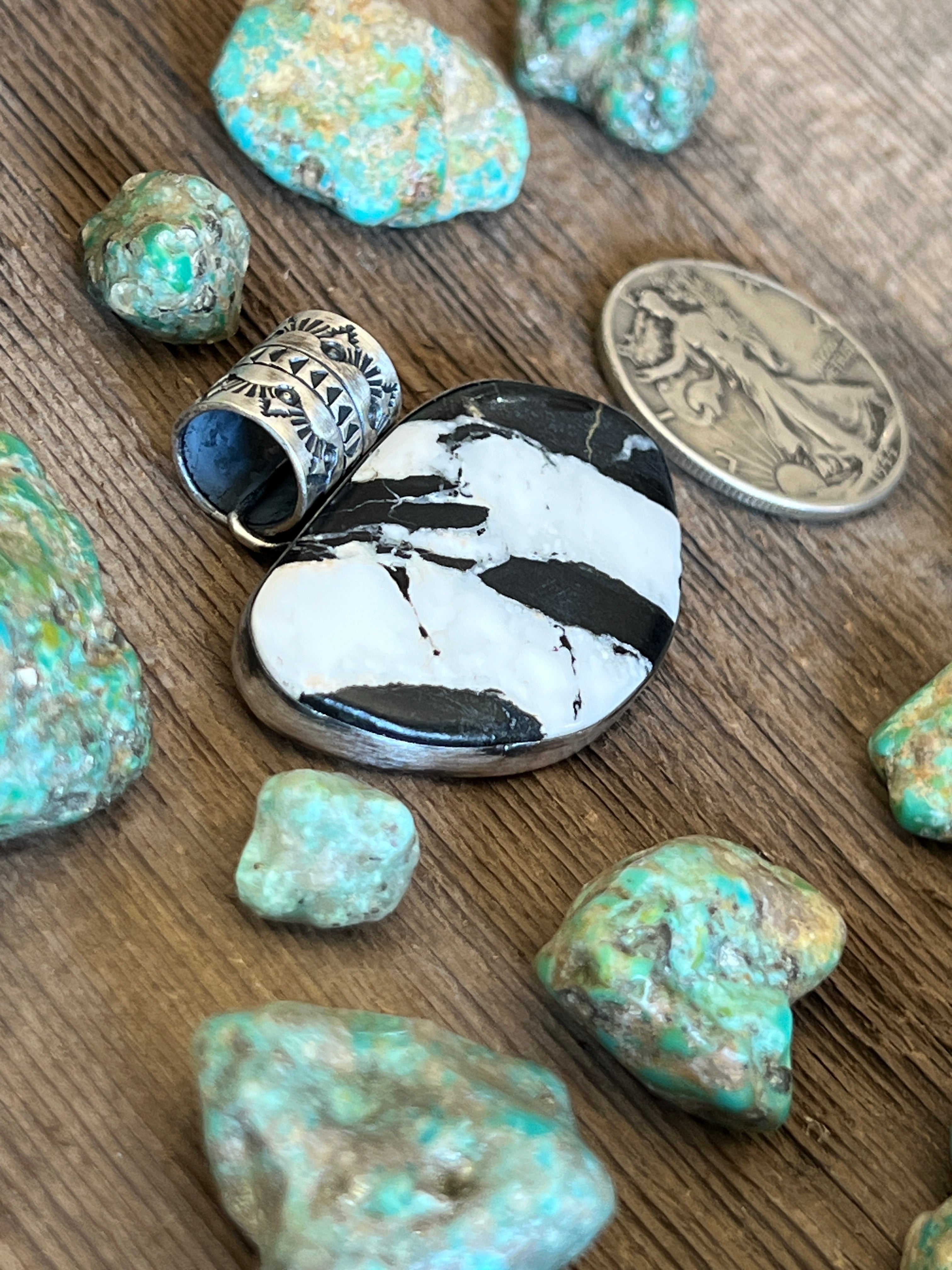 Handcrafted Sterling Silver and White Buffalo Solo Pendant by Angela Martin