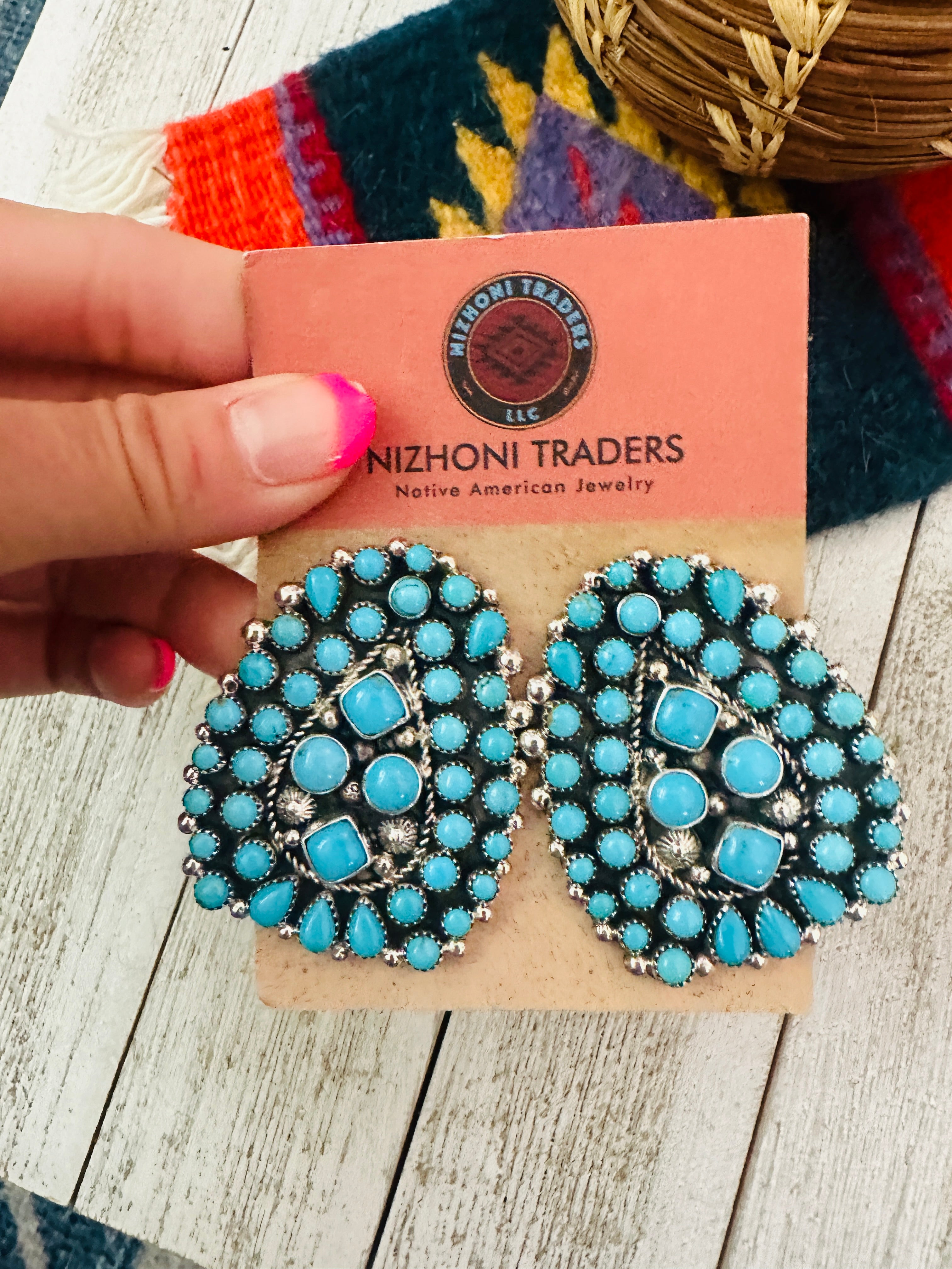 Navajo Sleeping Beauty Turquoise & Sterling Silver Cluster Post Earrings