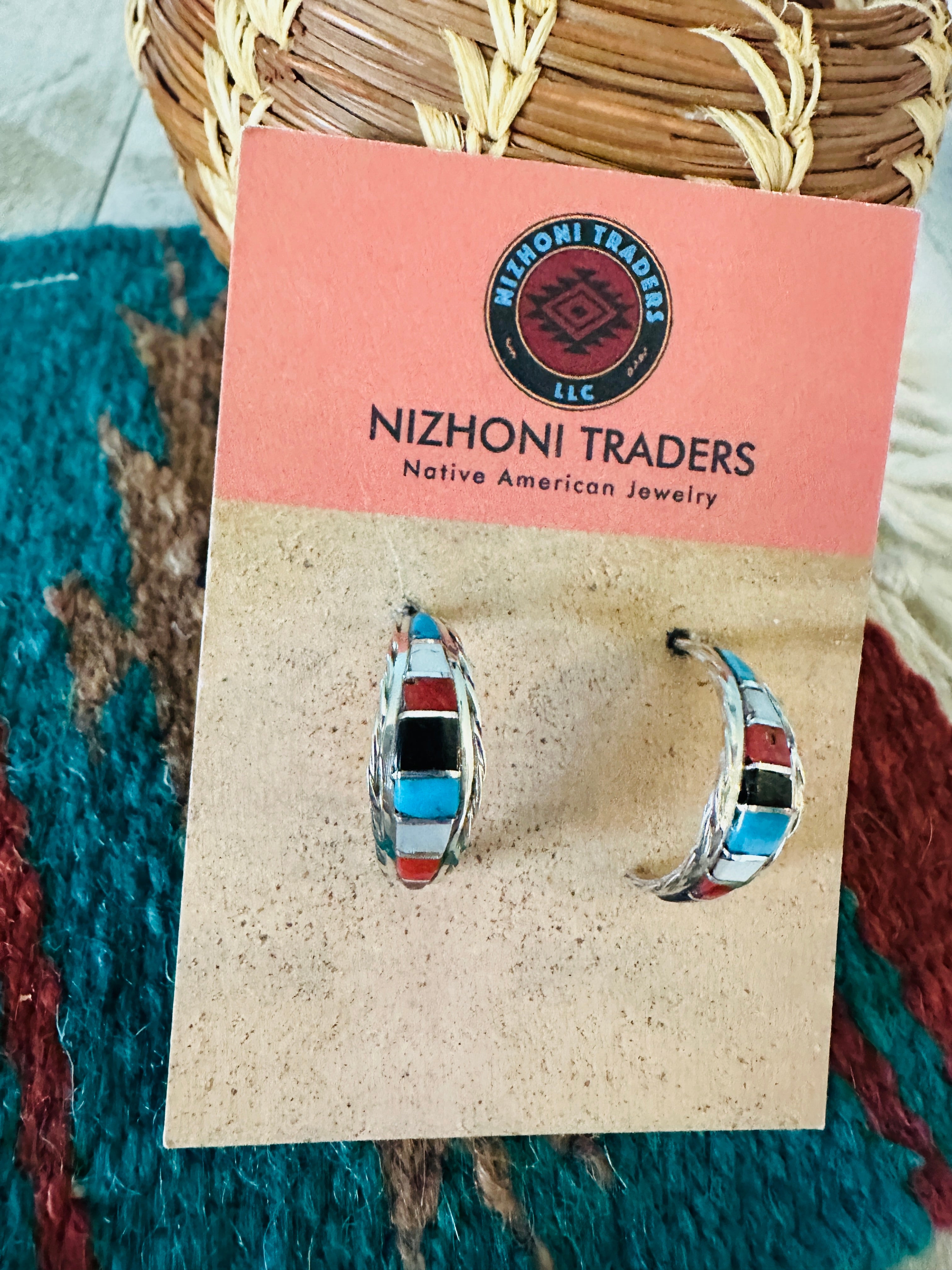 Navajo Multi Stone & Sterling Silver Inlay Cresent Hoop Earrings