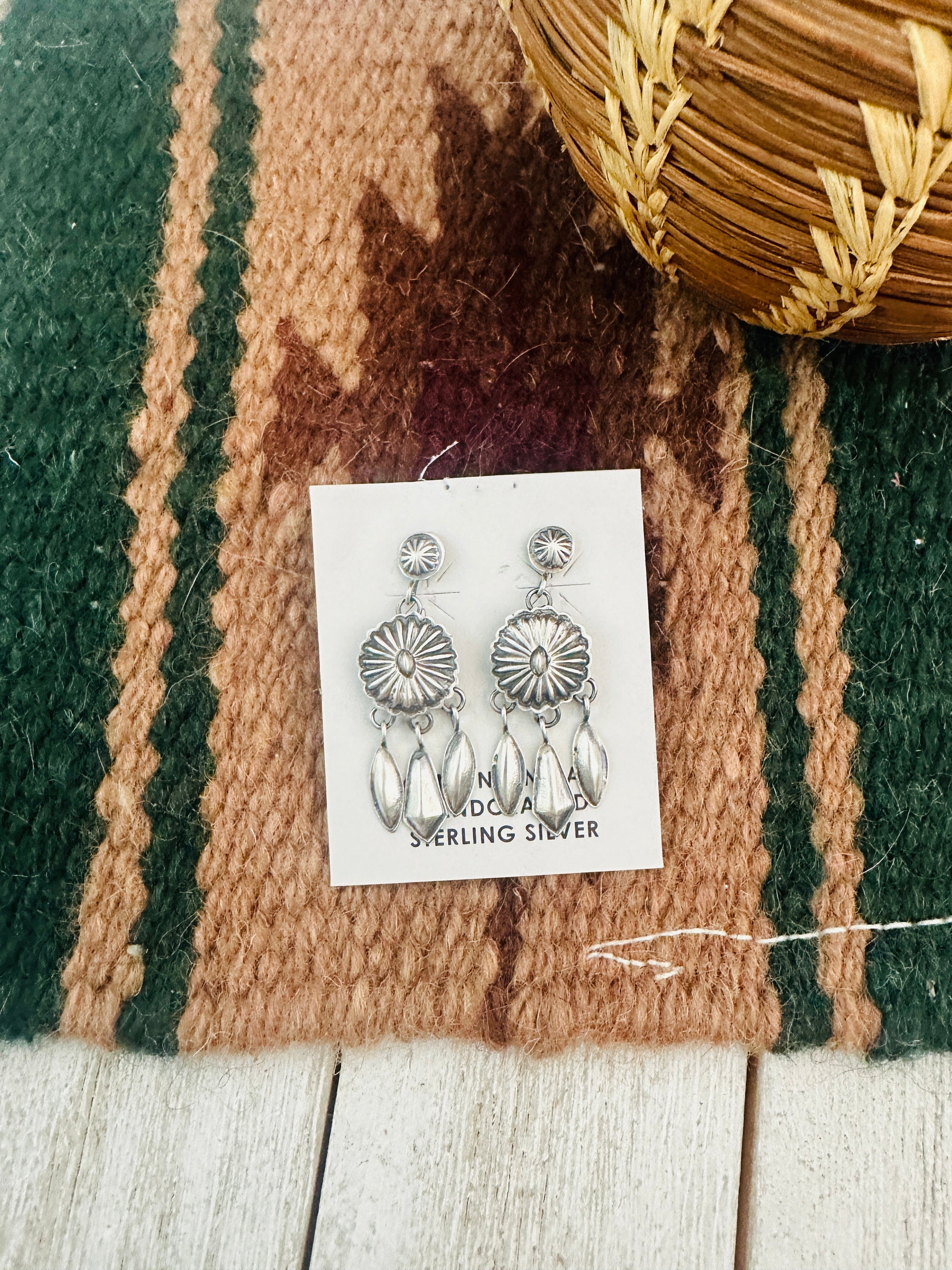 Navajo Hand Stamped Sterling Silver Concho Tassel Dangle Earrings