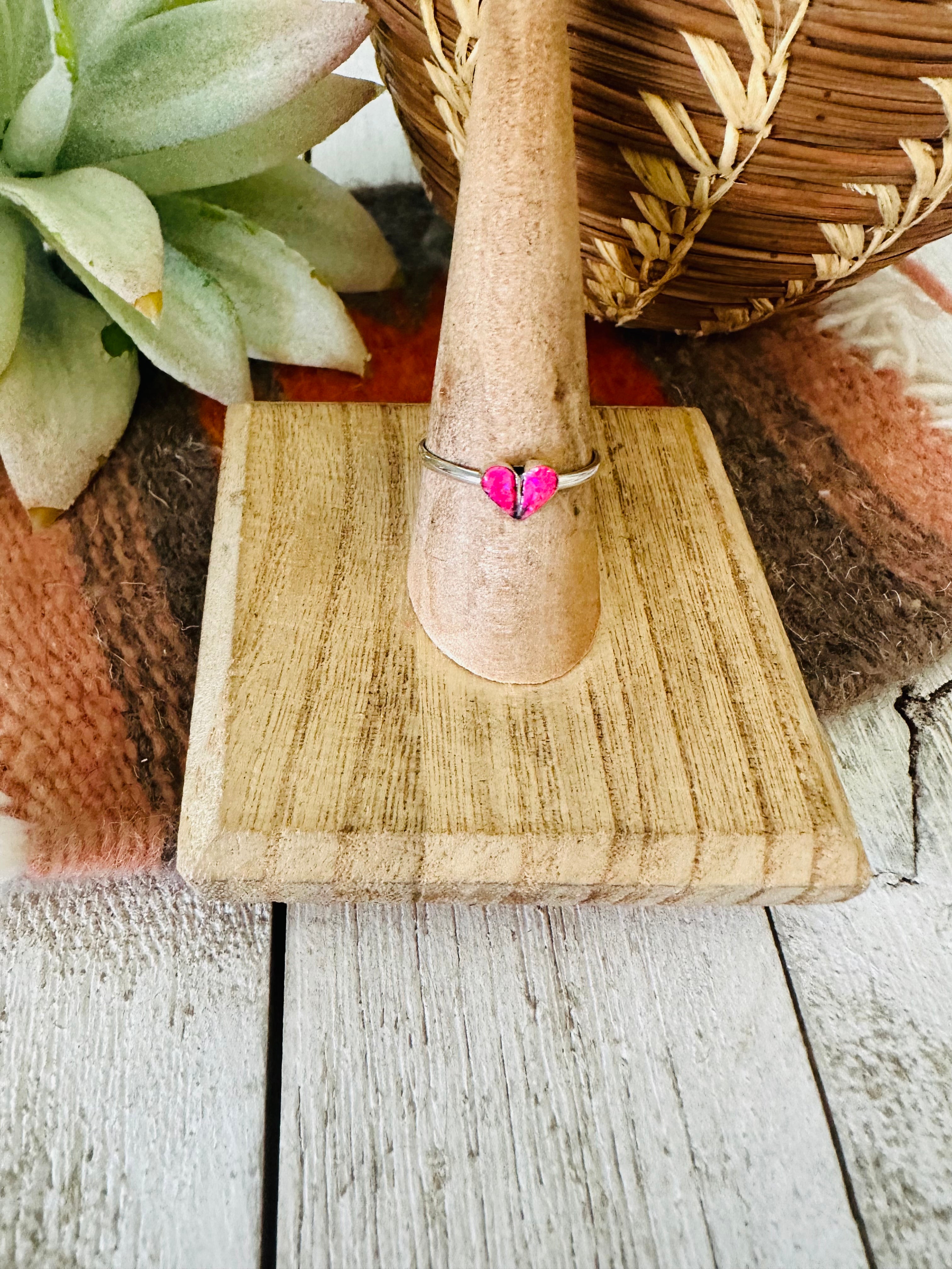 Zuni Sterling Silver & Pink Opal Inlay Heart Ring