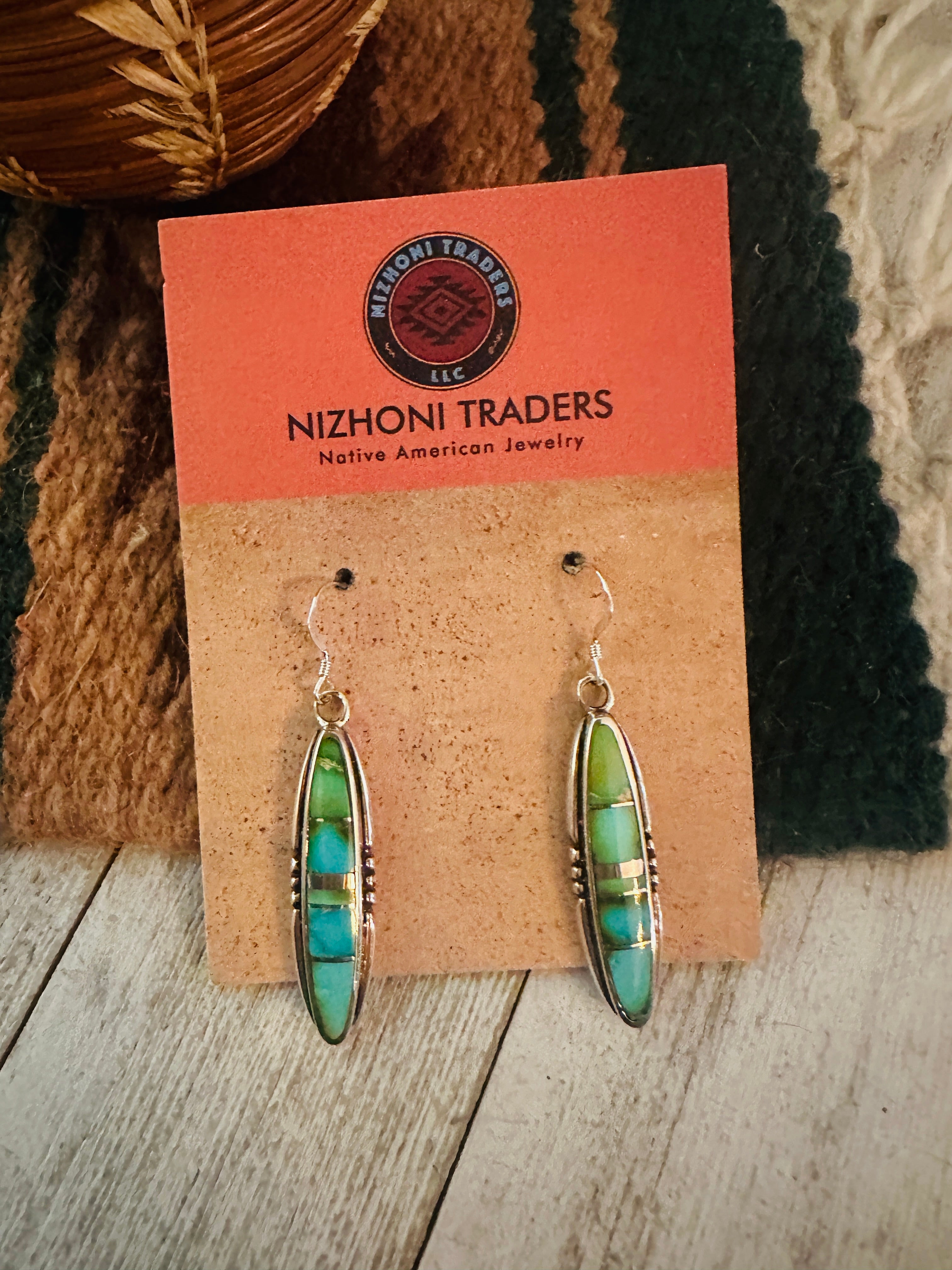 Navajo Sonoran Gold Turquoise And Sterling Silver Inlay Dangle Earrings