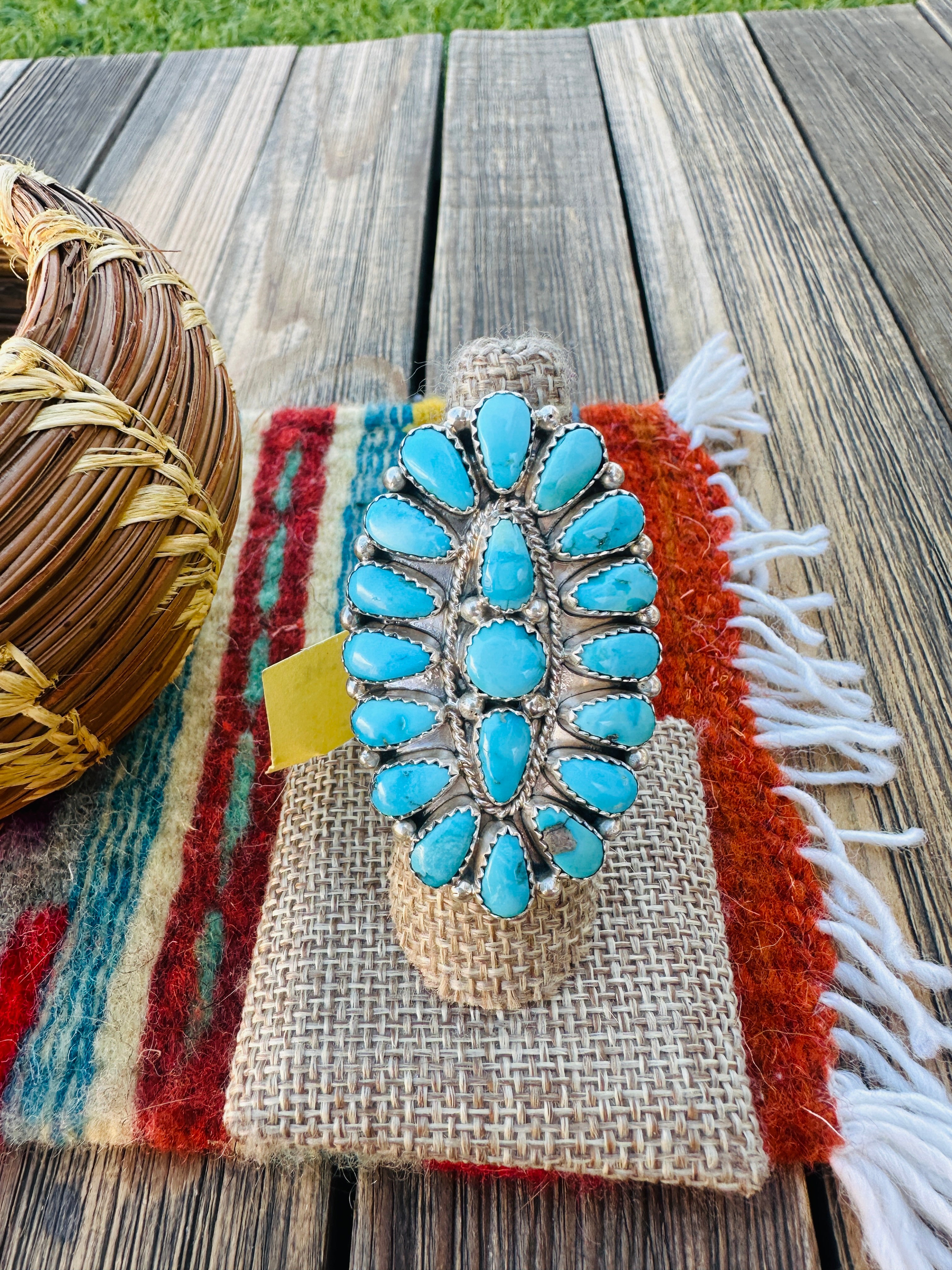 Old Pawn Handcrafted Sleeping Beauty Turquoise & Sterling Silver Cluster Ring Size 9