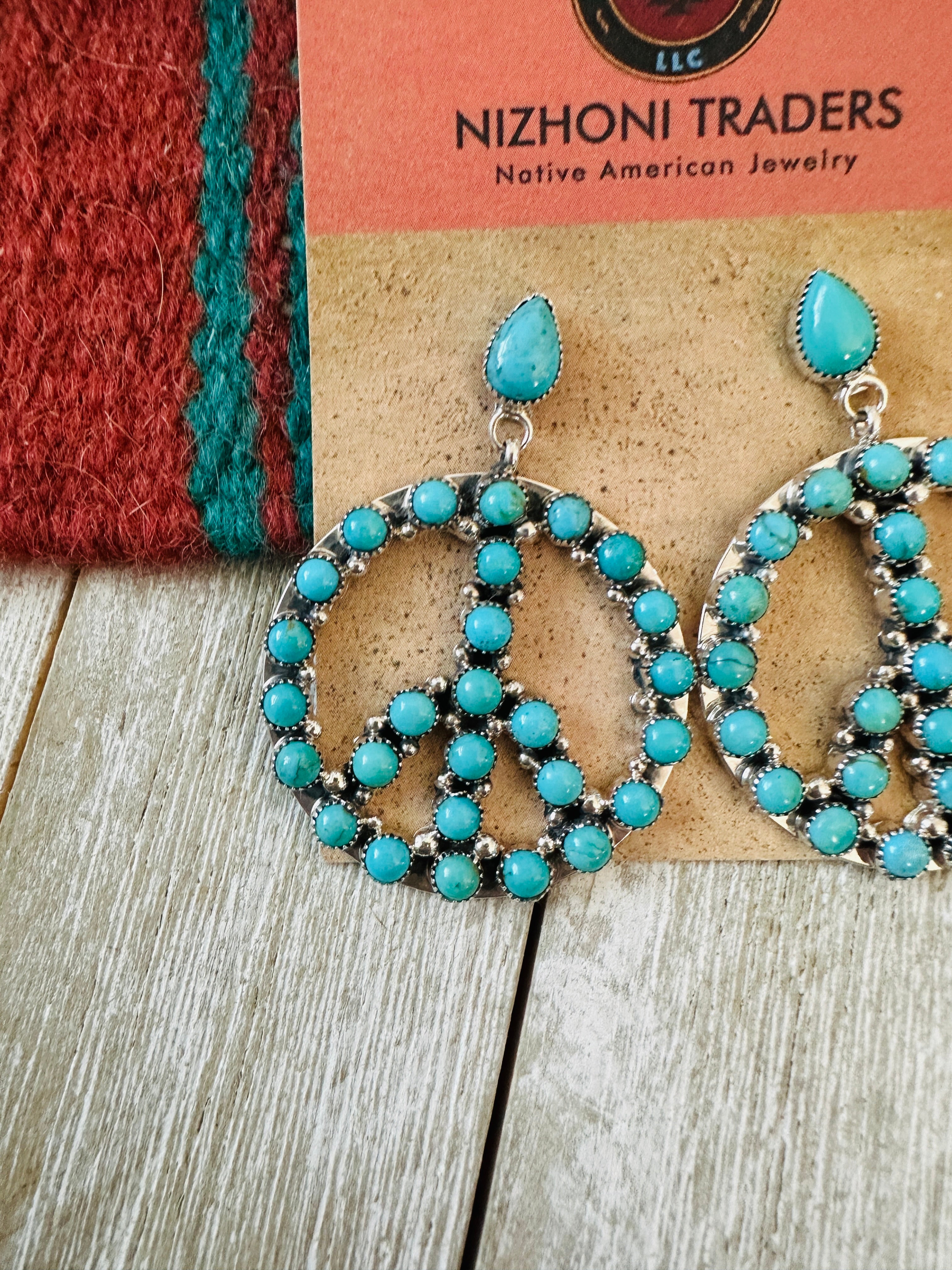 Handcrafted Turquoise & Sterling Silver Peace Sign Dangle Earrings